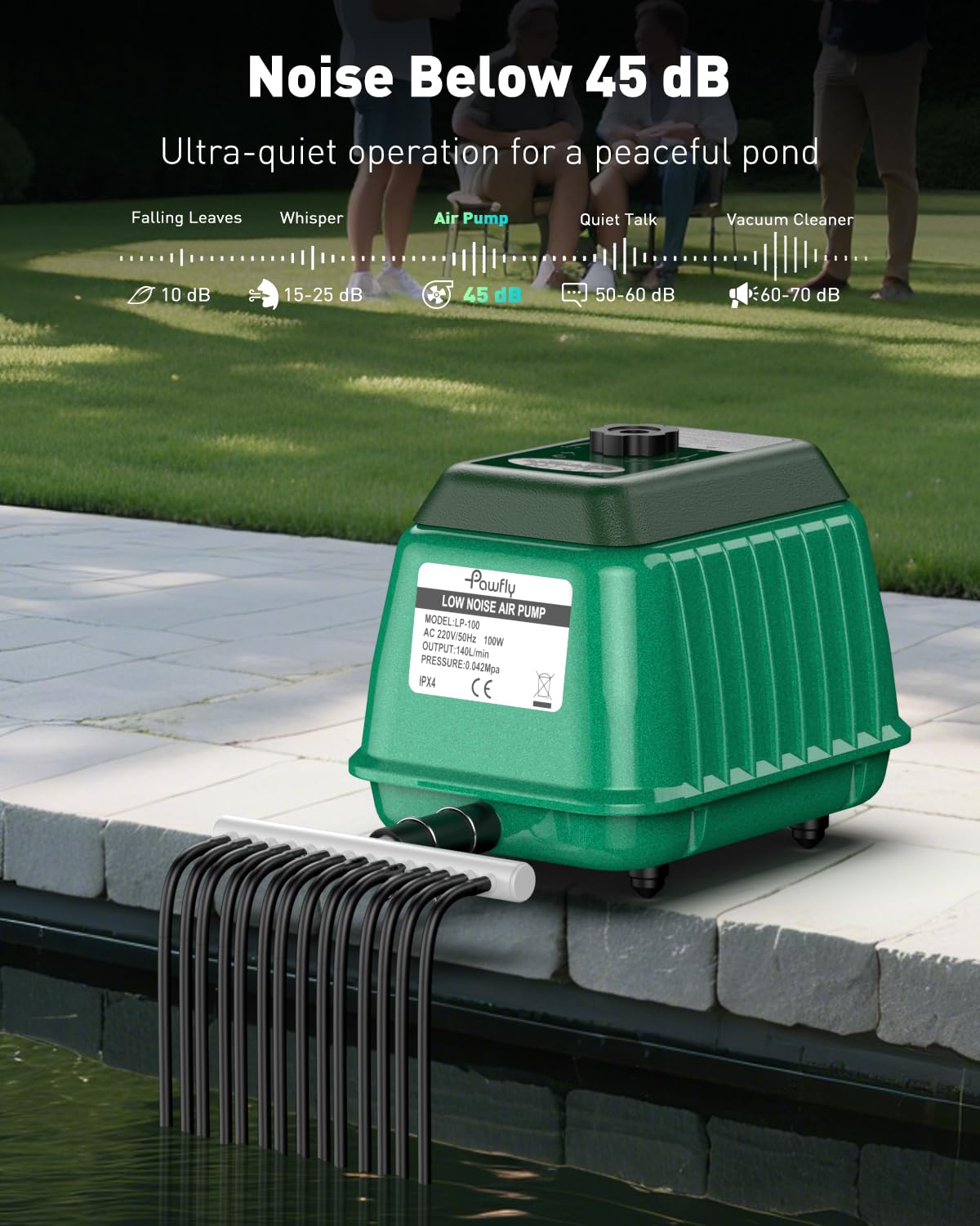 Pawfly 2200 GPH Pond Air Pump, High-Efficiency Aerator for Outdoor Koi Fish Ponds up to 1 Acre & 10ft Deep, 100W Garden & Septic Pump with 2 Air Splitters