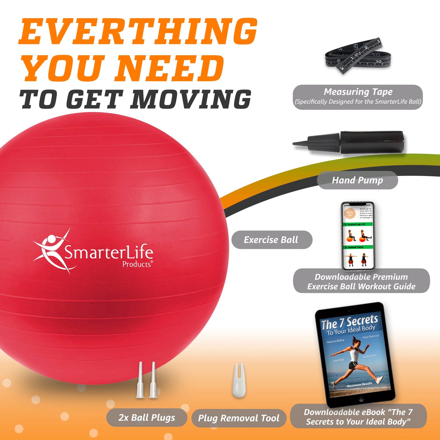SmarterLife Exercise Ball, Yoga Ball for Fitness, Balance, Stability, or Pregnancy, Gym Ball for Core Workout, Physical Therapy, Yoga Ball Chair for Office, Anti-Slip Anti-Burst (45 cm, Red)