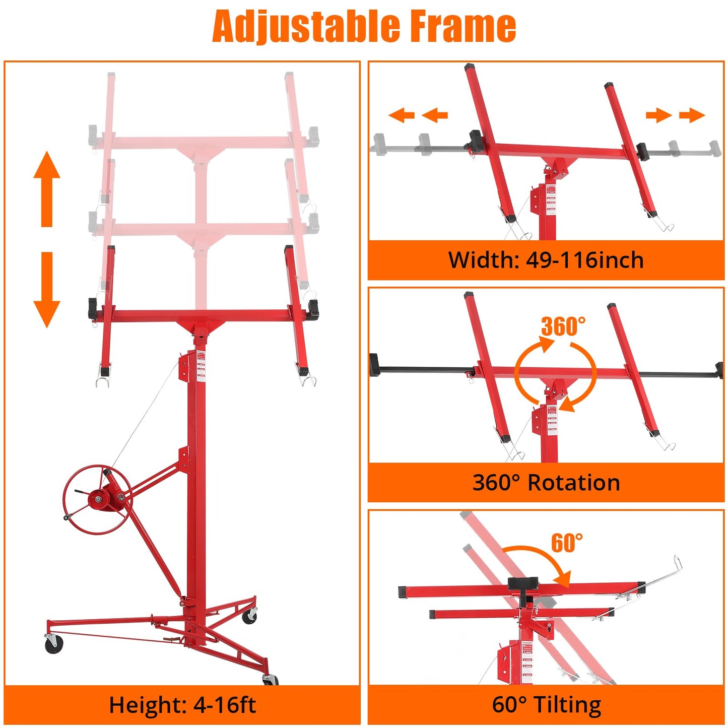 Garvee Drywall Lift 16 ft, Drywall Jack Lift for Ceiling, Adjustable Panel Hoist, 150 LBS Heavy Duty Drywall Lifter, 3 Lockable Wheels Foldable Sheetrock Lift for Home Improvement, Red