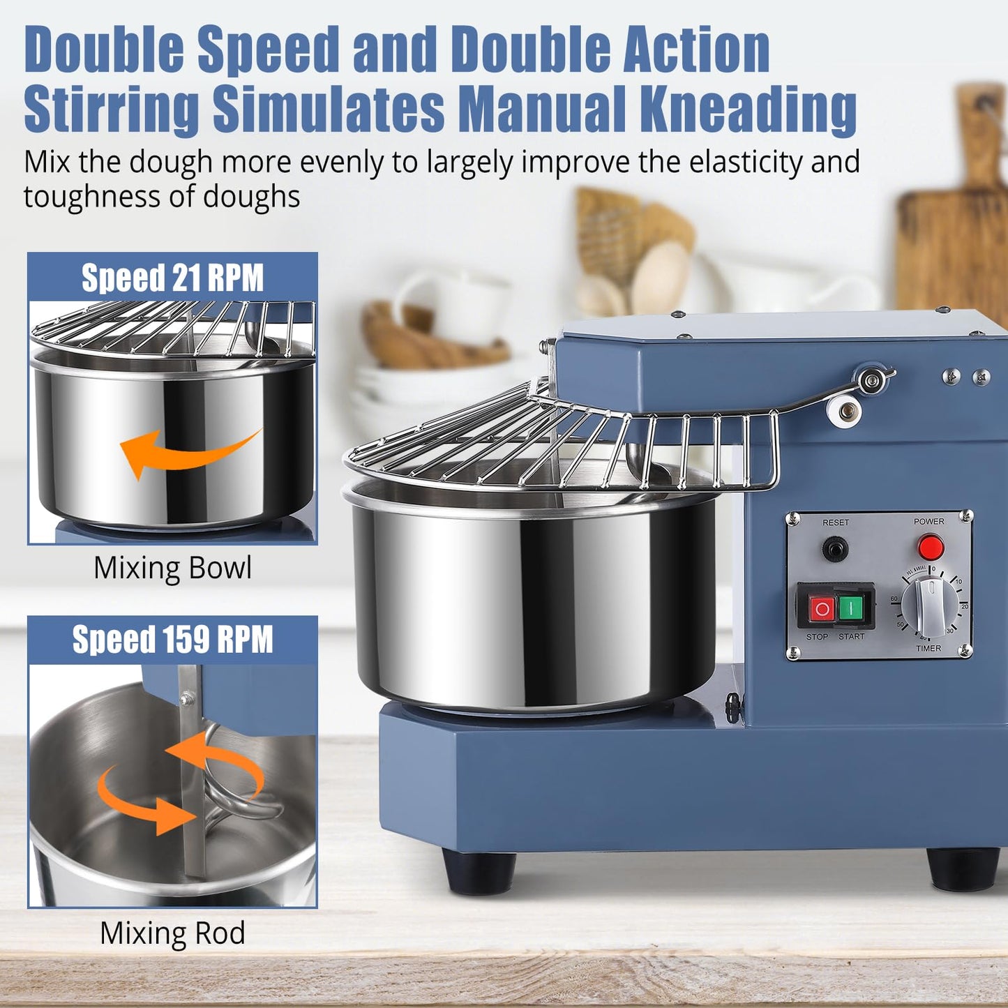 Commercial Dough Mixer 8.5QT with Timer Function, 450W Commercial Food Mixer Dual Rotating Dough Kneading Machine with Food-grade Stainless Steel Bowl, Security Shield