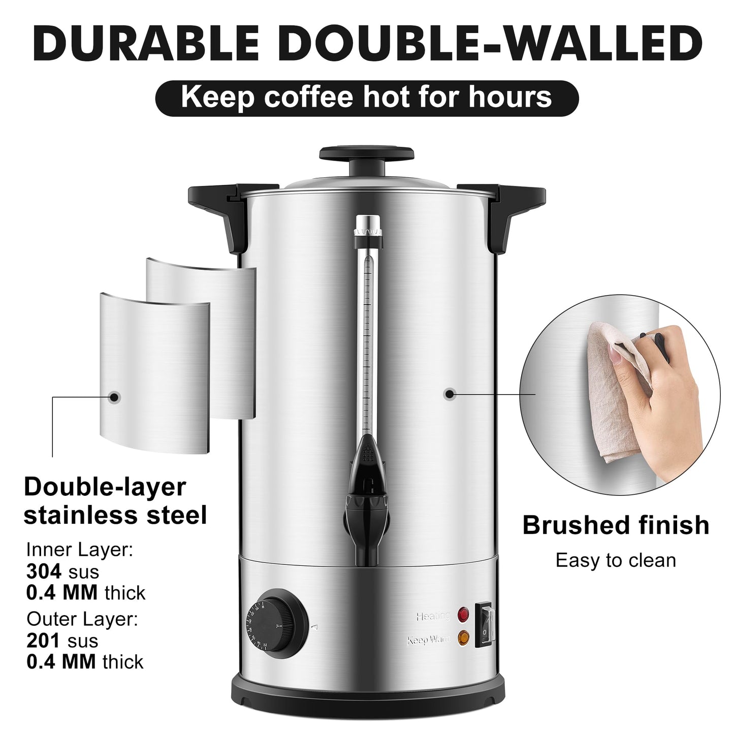 Rigstne Commercial Coffee Urn 50 Cup - Large Coffee Maker Machine, Hot Beverage Coffee Percolator Dispenser With Double Wall Stainless Steel, Water Urn for Event, Quick Brew, Temperature Control(8L)