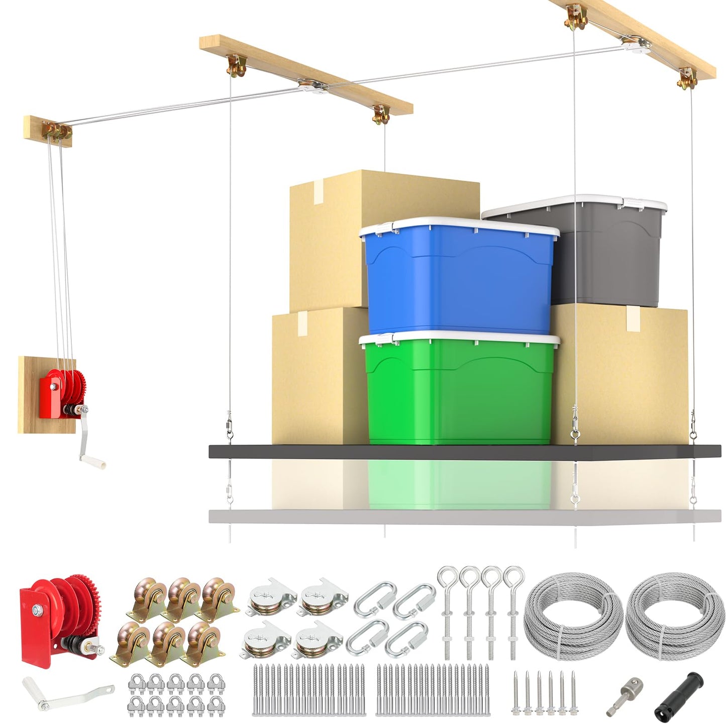 TooTaci Overhead Garage Storage Lift with 3/16 Steel Cable & Winch, Heavy Duty Ceiling Mounted Garage Storage Lift System for Organization, 300lbs Weight, Supports 8-16ft Ceilings (Deck Not Includ)