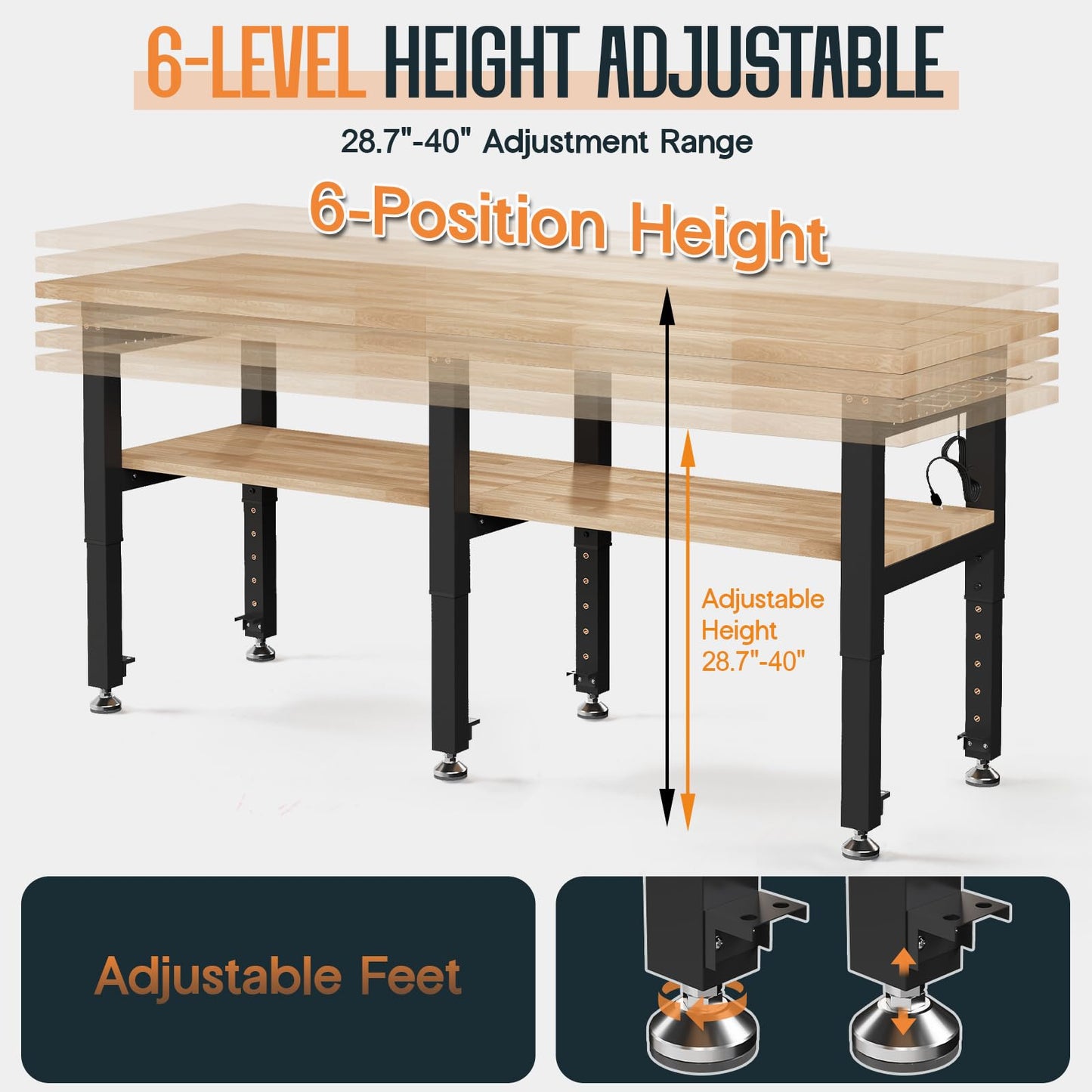 SPECRAFT 72"x24" 2-Tier Adjustable Workbench with 4 AC Outlet and 2 USB Ports Power Outlets, 6000 Lbs Capacity Heavy Duty Workbench, Rubber Wood Top for Garage, Workshop, Office