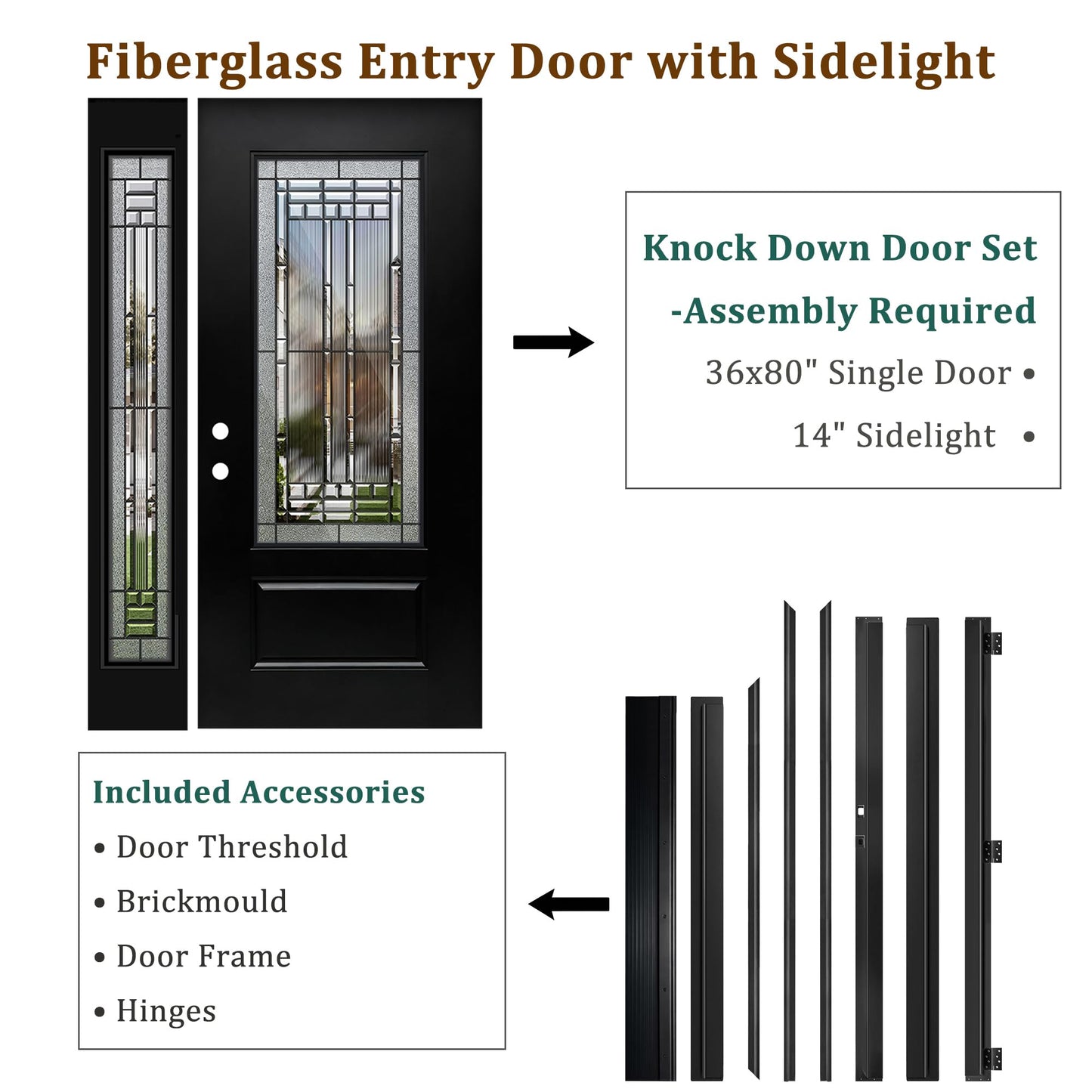 53x80in Fiberglass Front Door with 14in Sidelight, Black Exterior Entry Door for Home, Right-Hand Inswing, Textured Finished with Decorative Glass Knock-Down Door, Vinyl Frame and Brickmould Included
