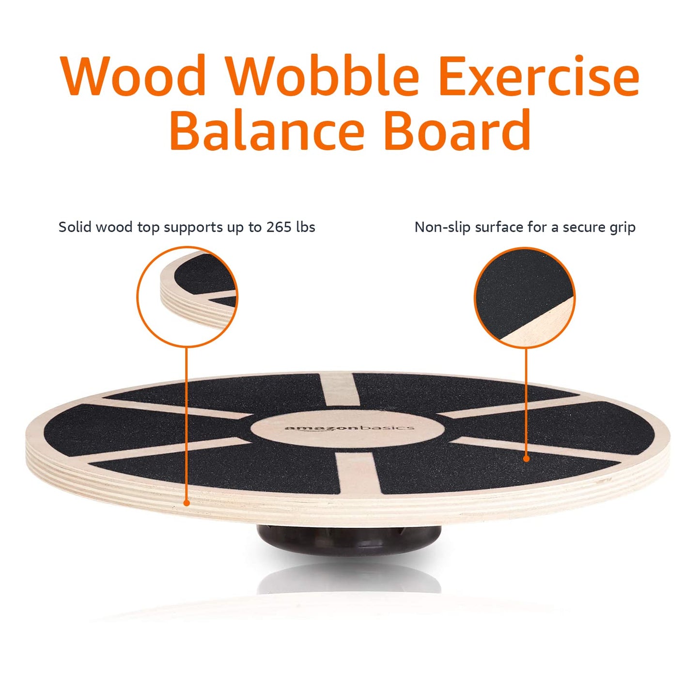 Amazon Basics Wood Wobble Balance Trainer Board, Slip Resistant, for Exercise and Core Strength, 265 lb Weight Capacity, Black