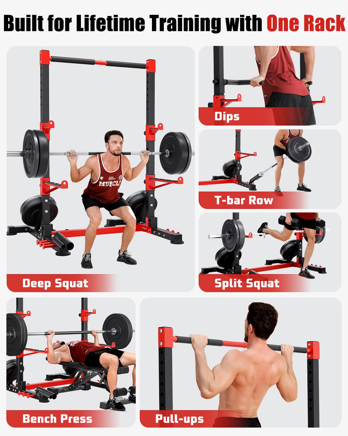YOLEO Squat Rack with Adjustable Pull-Up Bar & Extended Safety Arms, Multi-Functional Power Racks Squat Stand for Home Gym, Garage & Basement, 35"-67" Width, Fixed 83” Frame Height, Pull-Up Bar Height 71.5"-80.5", Fits 6FT & 7FT Barbells
