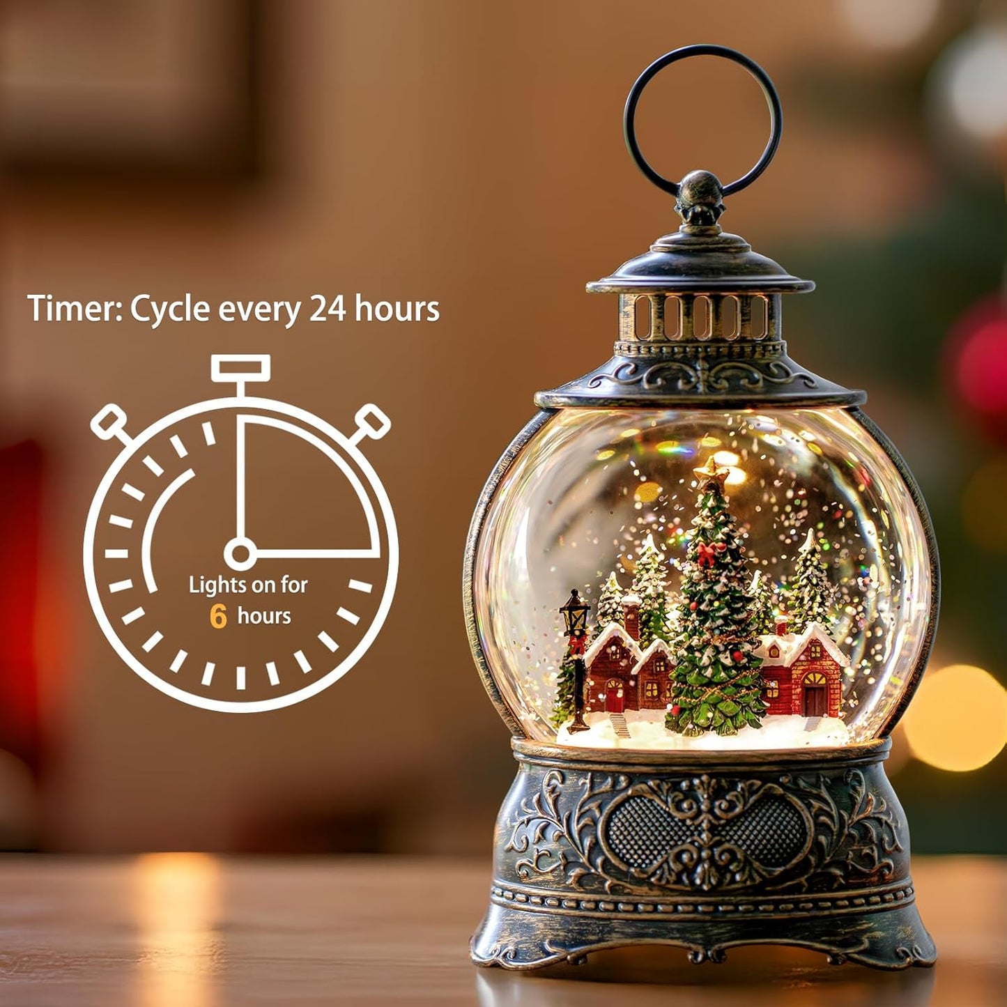 Regine Switzerland Christmas Snow Globe Lantern - Musical Lighted Decoration with Timer & USB/Battery Operated