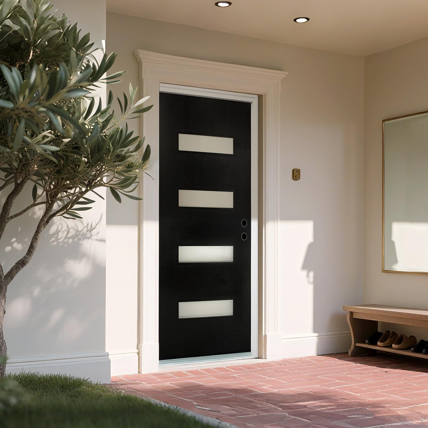 36 x 80 Fiberglass Entry Door with Brickmould, Black Finish Knock-Down Fiberglass Door with 4-9/16 Vinyl Frame, 4-Lite Frosted Glass - Contemporary Style for Home's Front Entrance Left Hand Inswing