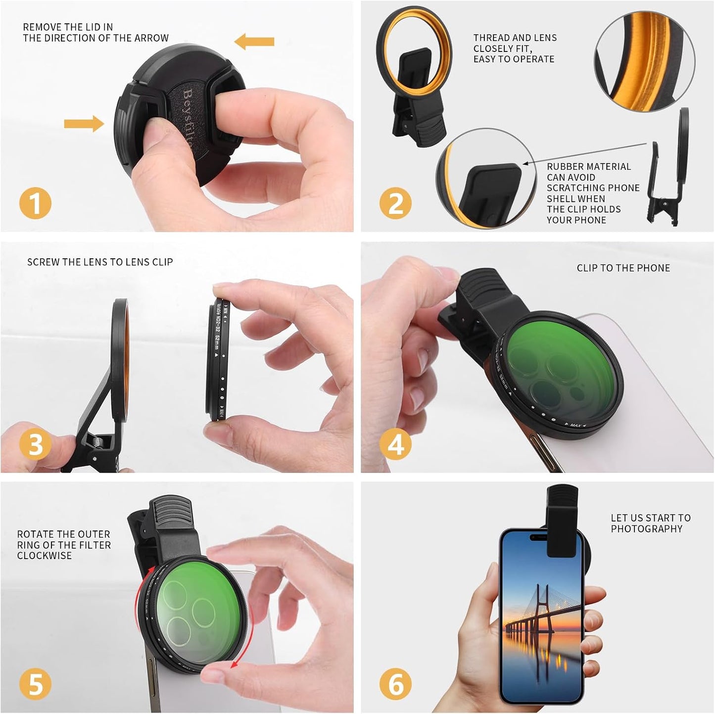Beysfilter 52MM ND2-32 16/15/14/13 Variable Filter for Phone, Multi-Coating Clip-On Variable Neutral Density Lens Kit