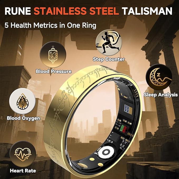 Ultra Smart Ring for Women Men,Health Fitness Tracker with Sleep/Blood Pressure/Oxygen Monitoring, Heart Rate & Activity Tracking,IP68 Waterproof, 5+Day Battery,No Subscription Fee 1-Gold 7