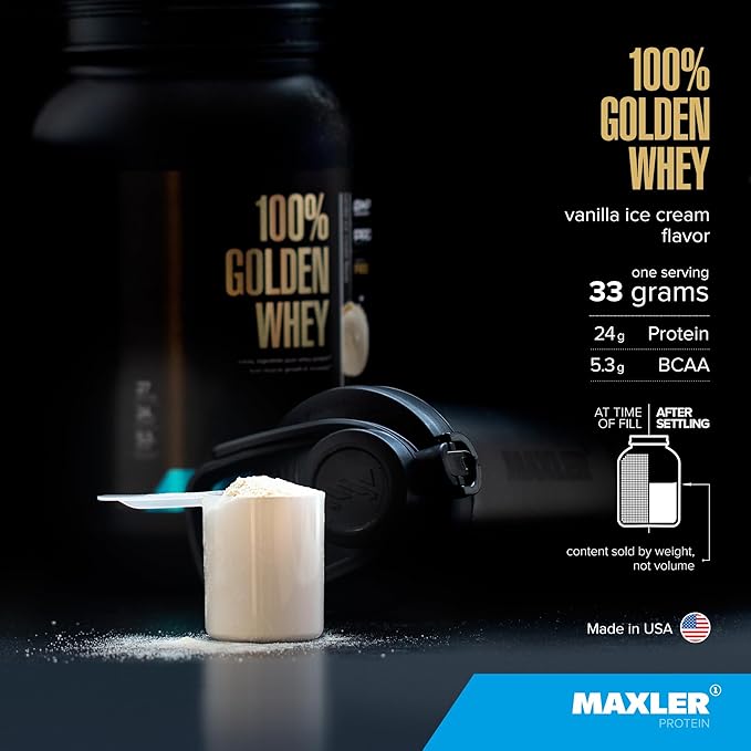 Maxler 100% Golden Whey Protein - 24g of Protein per Serving - Premium Whey Protein Powder for Pre Post Workout - Fast-Absorbing Whey Concentrate, Isolate & Hydrolysate Blend - Vanilla Ice Cream 5 lb