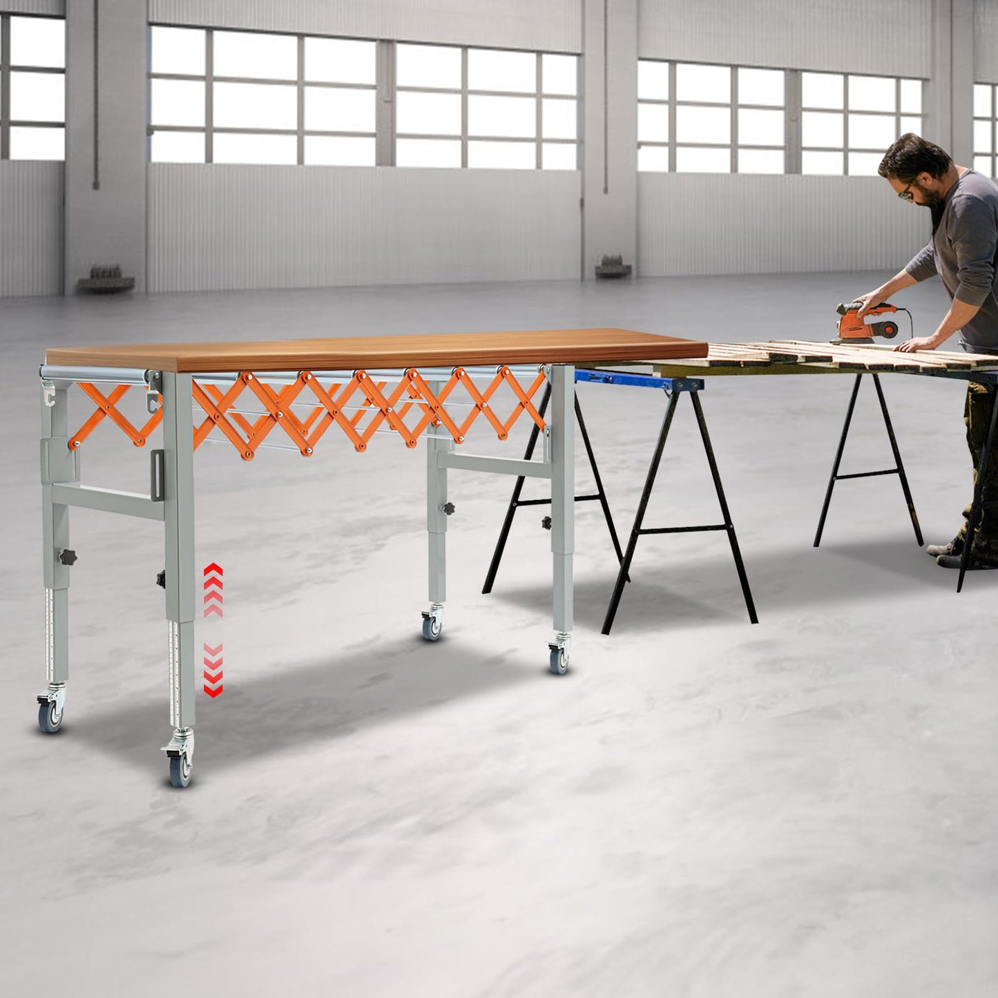 Conveyor Roller Table Adjustable Conveyor Roller Stands with Universal Wheels for Transporting Construction Materials Wood Goods, 110lbs Loading, Adjustable Length and Height