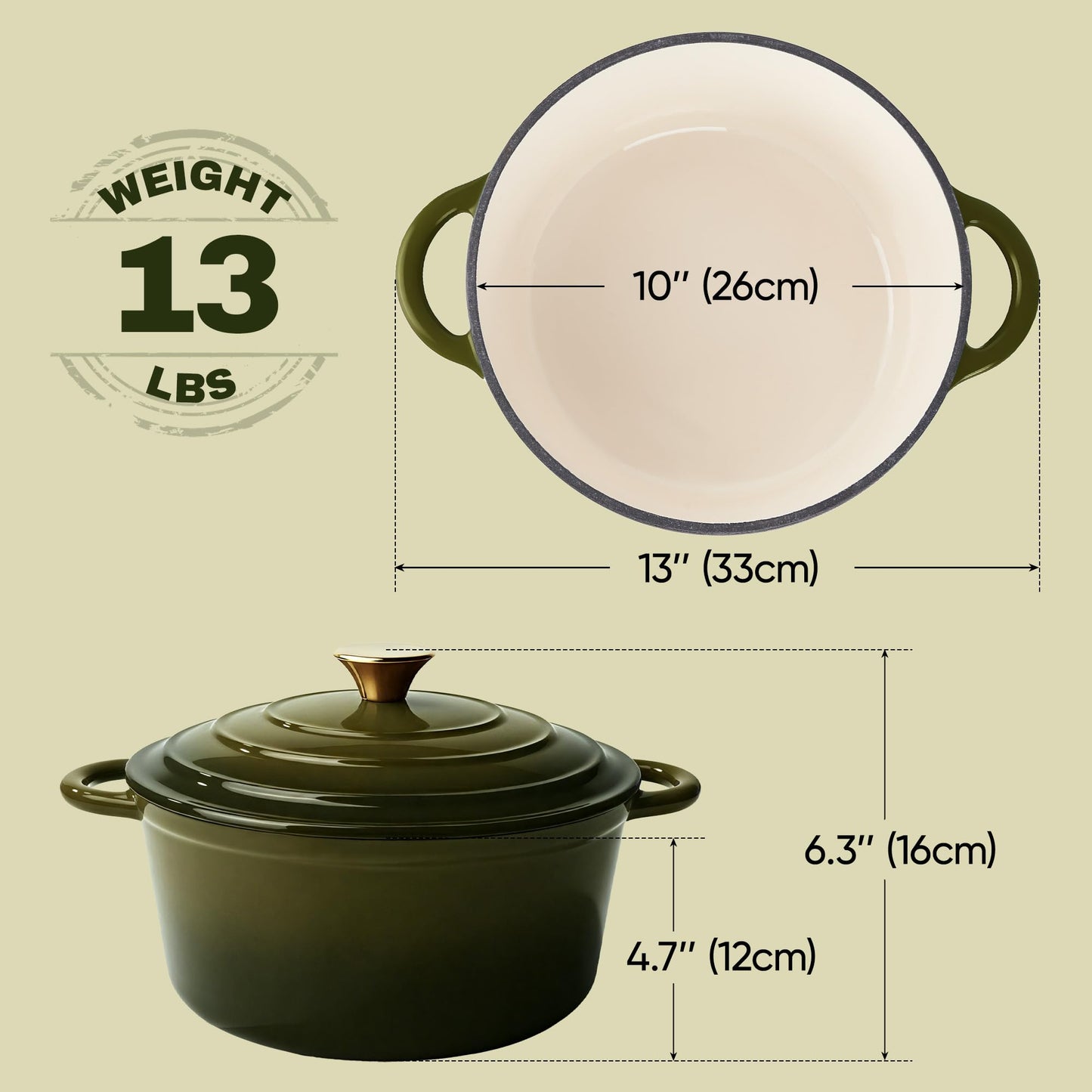 Vintage Style 6 Quart Dutch Oven Pot with Lid, Non Stick Enameled Cast Iron Dutch Oven for Bread Baking, Heavy-Duty, Oven Safe Ceramic Cookware Up to 500°F for Baking, Braising, Stews, Roasting, Golden Green