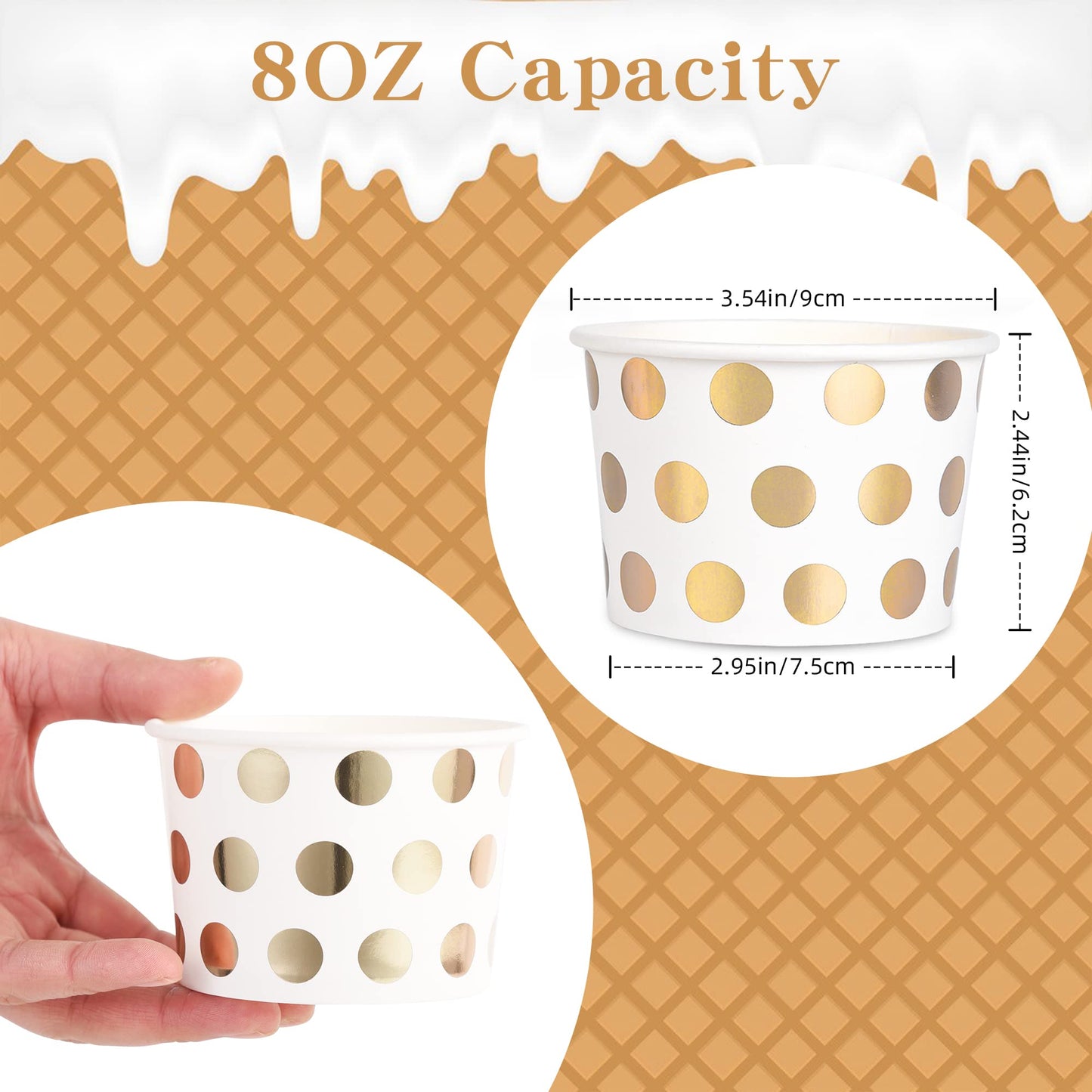 AimFun 60 Pcs Treat Snack Cups Gold Dessert Cups 8oz Disposable Paper Ice Cream Cups for Hot or Cold Food Container Birthday Christmas Party Supplies