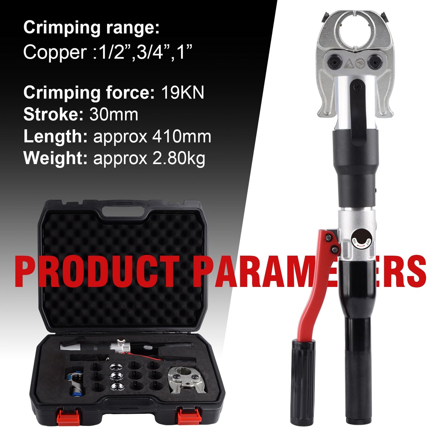 ketailei Hydraulic Pipe Crimping Tool | 65MPa Auto Pressure Relief | 1/2", 3/4", 1" Jaw for Copper Tube Fittings | Press Crimper Pliers with Pipe Cutter （KZ-1930S）