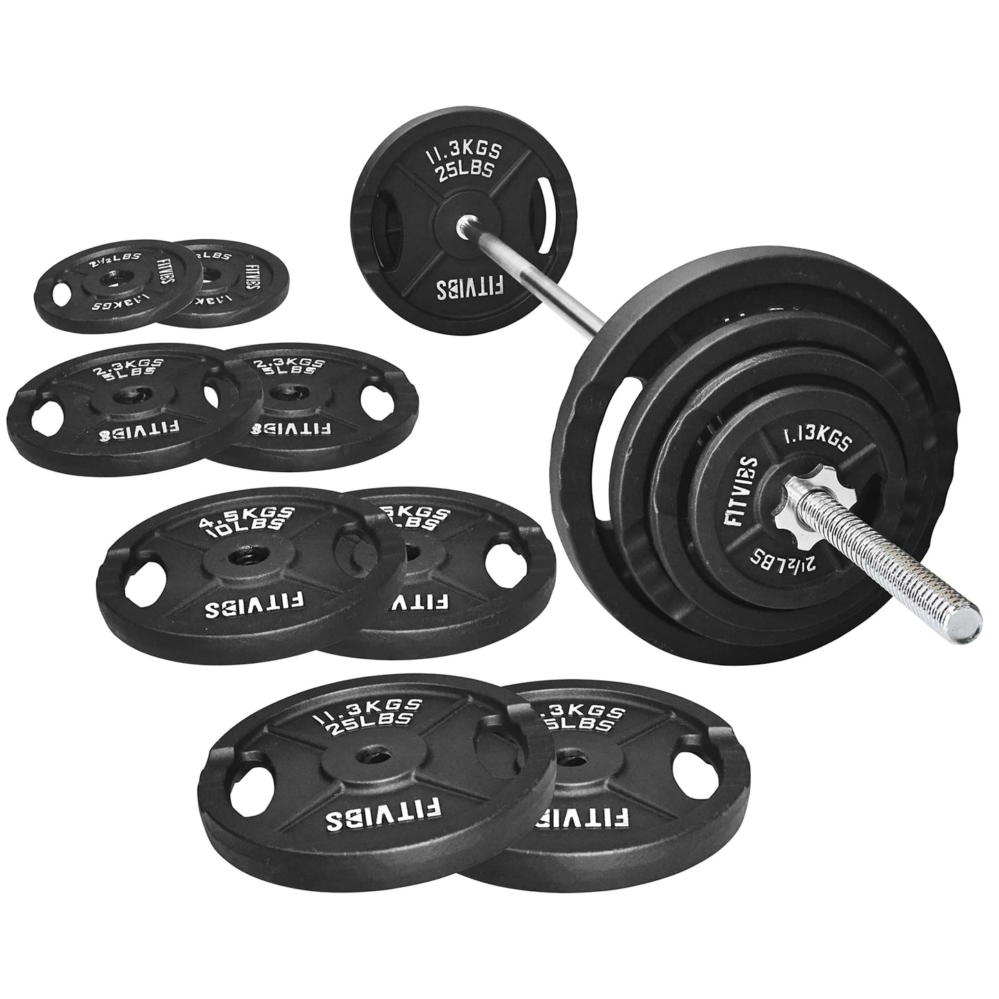 Fitvids Cast Iron 1" Standard Weight Plates Including 5FT Standard Barbell Bar & Star Locks, 95 Pounds Sets