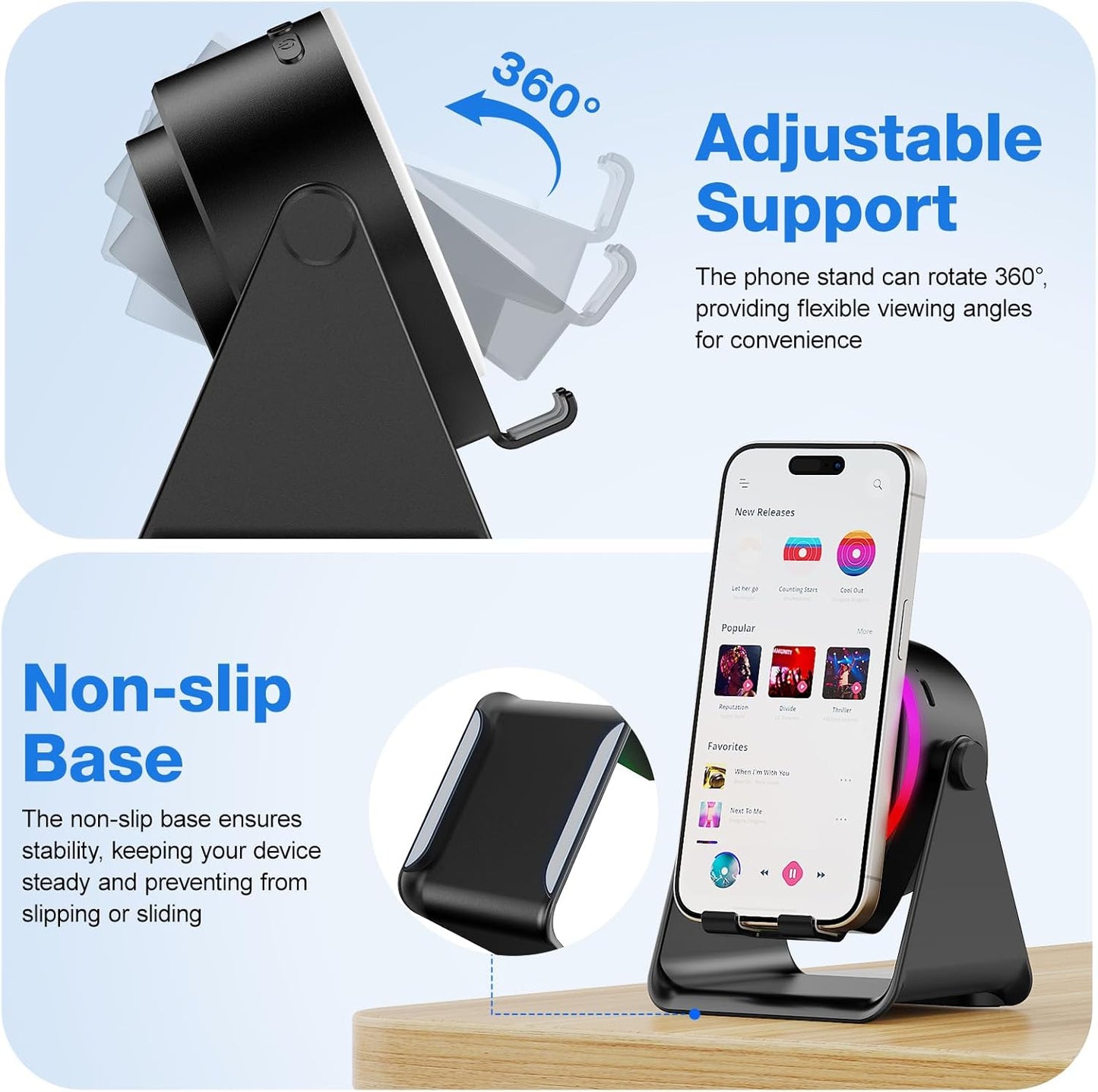 TARKARI 5 1 360 Wireless Induction Speaker, in Bluetooth Speaker, Rotation Cell Phone Stand and Colorful Ambient Light