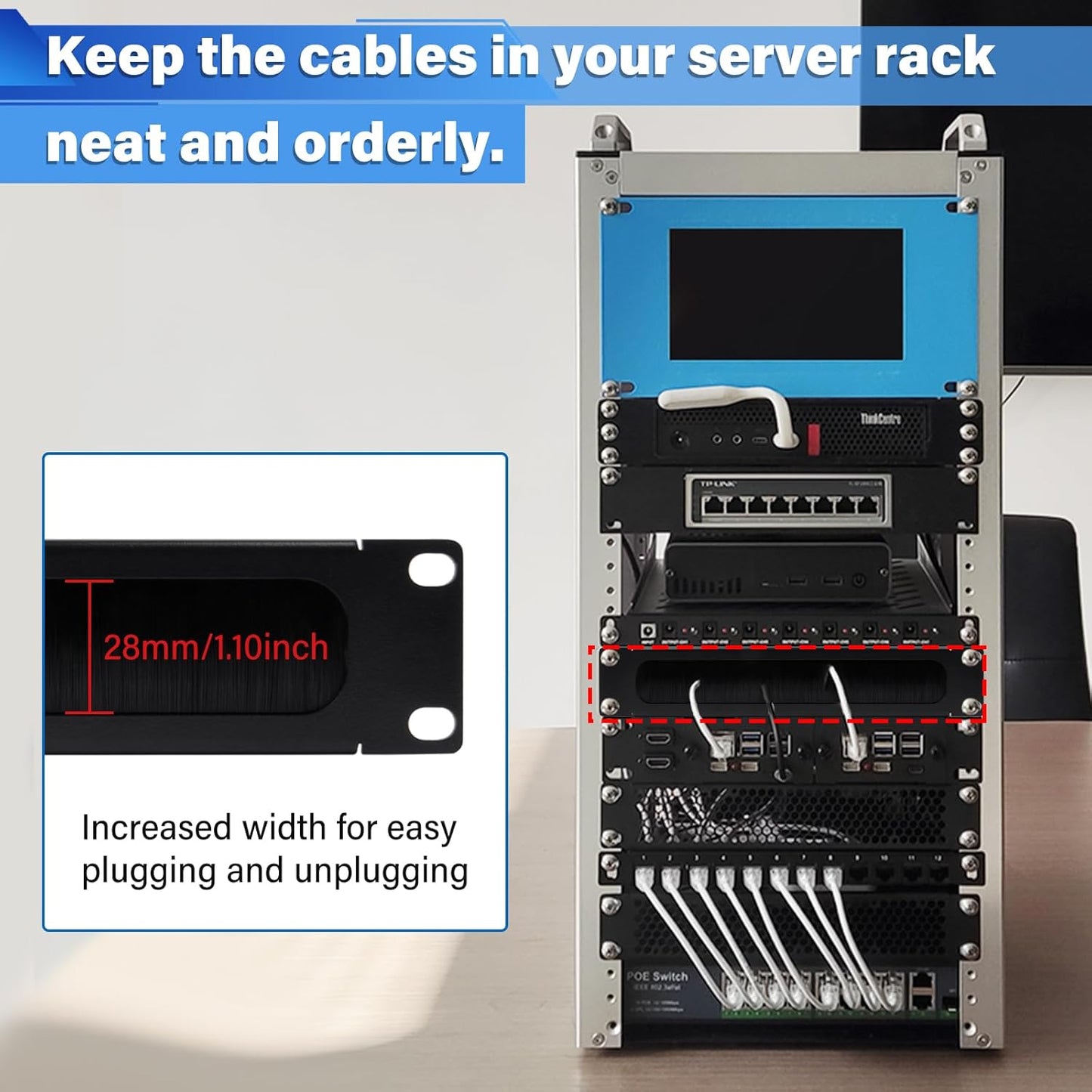 GeeekPi 10 inch 1U T1/T0/T2/T1 Plus/T0 Plus/TL1 10 inch (2) Brush Cable Manager Rack Mount Cable Management Panel