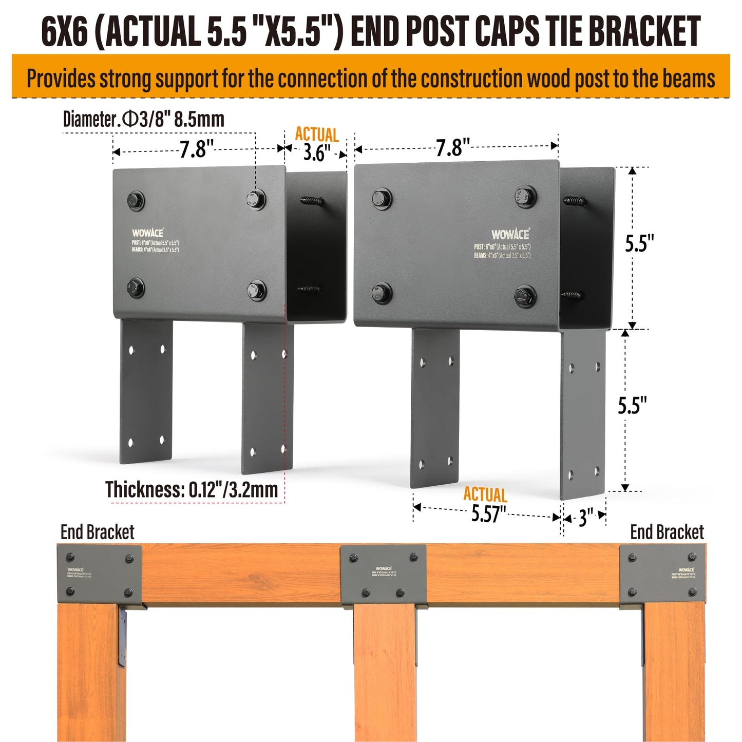 WOWACE 4Pack 4x6 (Actual 3.5"x5.5") Heavy Duty Stainless Steel Pergola Brackets - End Post to Beam Connector for Gazebos, Patio Decks, Porches - Wood Post Cap Tie Bracket (Dark Gray)