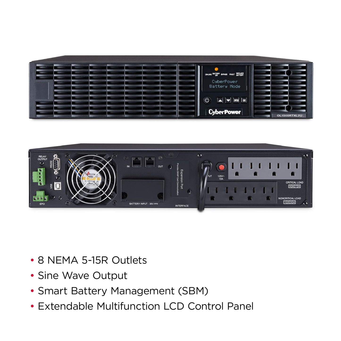 CyberPower OL1500RTXL2U Smart App Online UPS System, 1500VA/1350W, 8 Outlets, 2U Rack/Tower