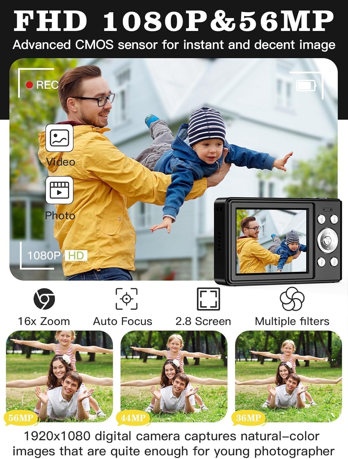 Fleafer 56MP 1080P 16x 32GB Upgrade Digital Camera, FHD for Kids with Zoom Anti Shake, TF Card, Two Batteries, Lanyard