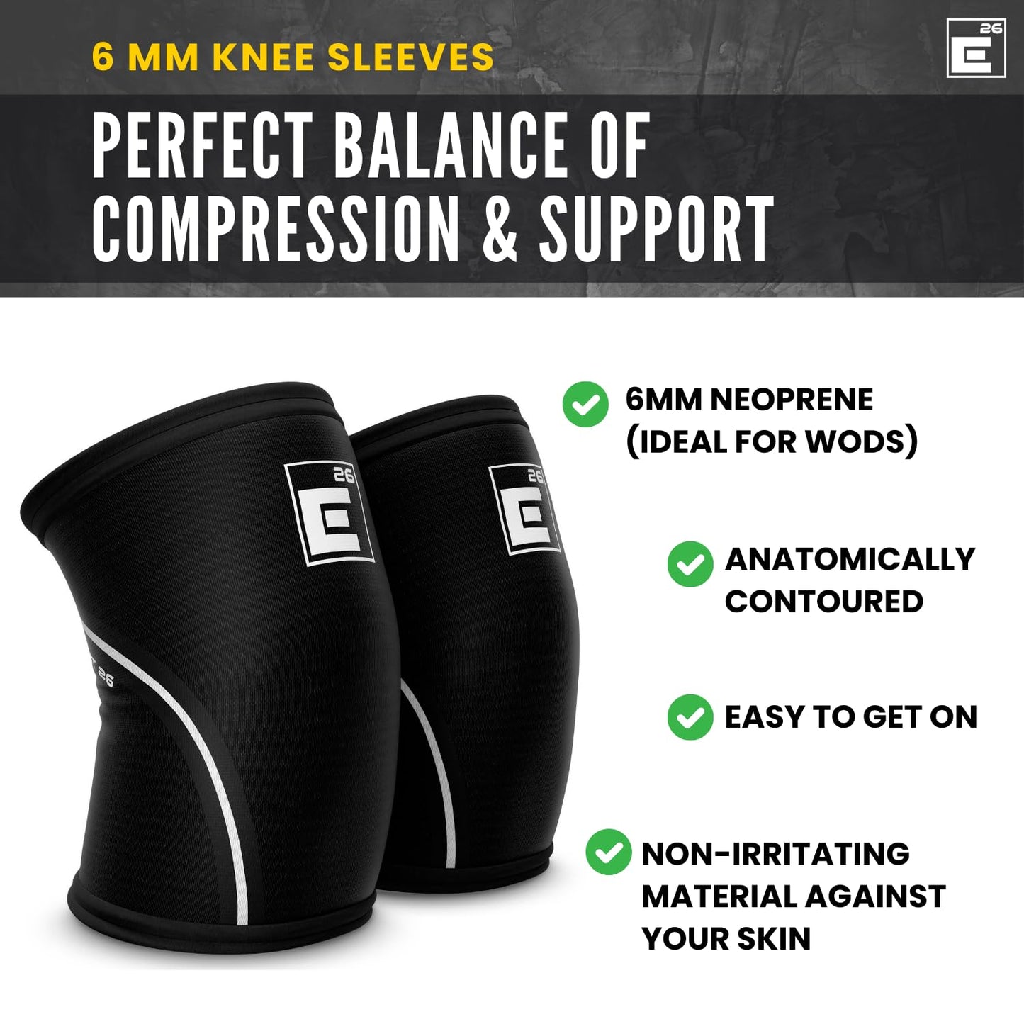 Element 26 Knee Sleeves for Weightlifting - 6mm Neoprene Compression Support for Squats, Deadlifts, Cross Training, Powerlifting - Pair of Knee Braces for Men & Women with Gym Bag - L, Black