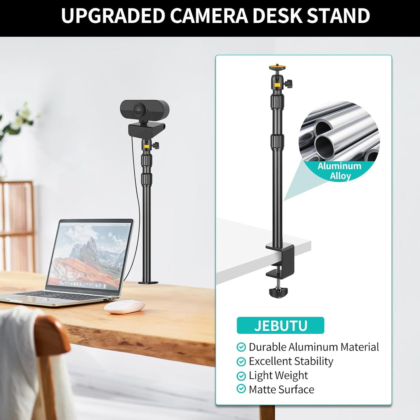 JEBUTU 1/4" Camera Desk Mount Table Stand with Ball Head, Adjustable Light Stand with Screw & C Clamp for DSLR Camera