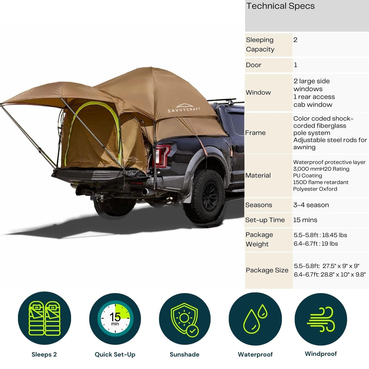 Savvycraft Pickup Truck Tent for Full Size Truck 8.0'-8.2' Long Bed, Waterproof P3000mm 2-Person Double Layer Truck Bed Tent Camping Tent, Expandable Awning, Rainfly, Storage Bag Included Brown