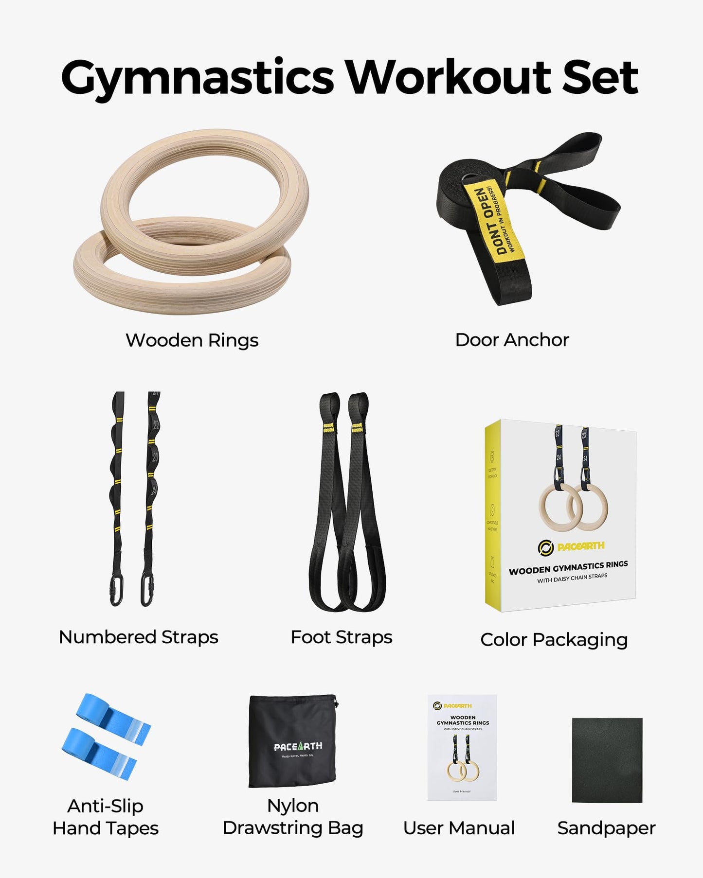 PACEARTH Wooden Gymnastics Rings Set with 8.5ft Numbered Daisy Chains and Quick Carabiners 32mm Thick Wood Gym Rings 1500lbs for Full-Body Workout at Home on Crossfit Calisthenics Strength Training