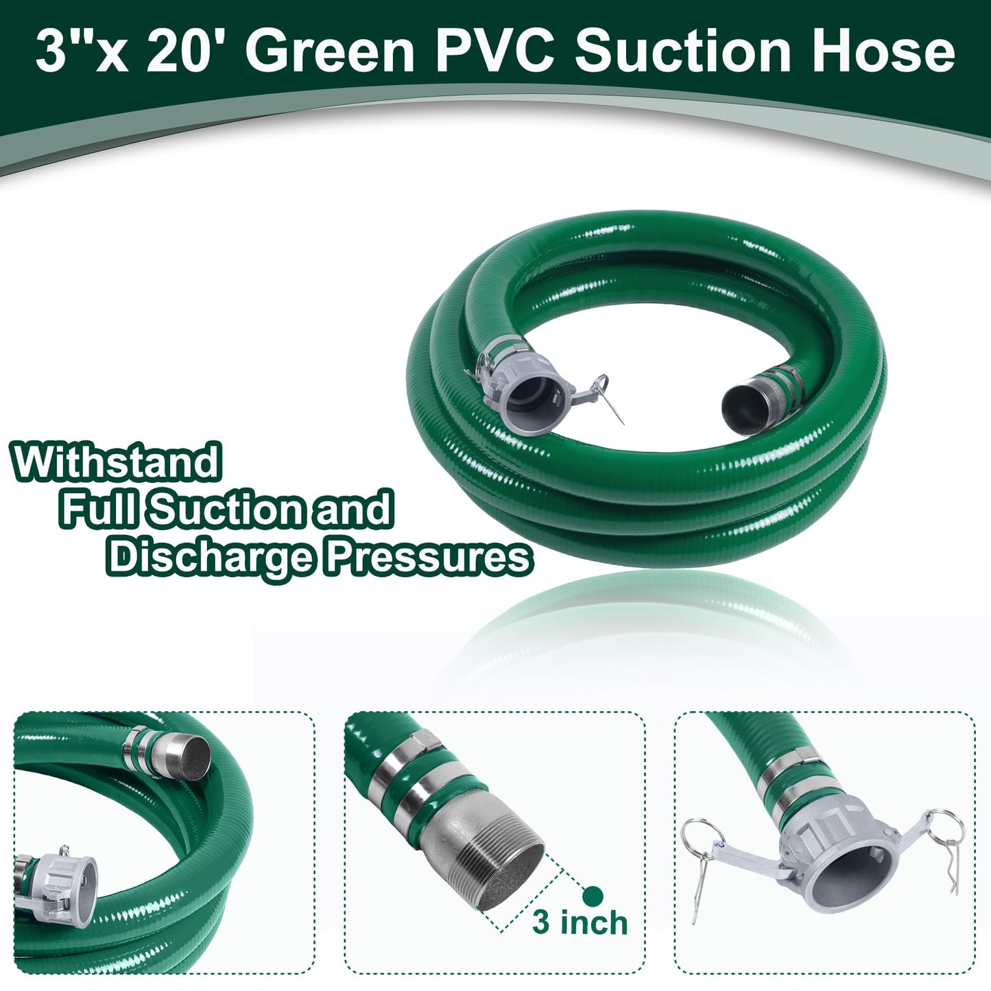 3 Inch Discharge Hose Pump Kit Includes 3" x 65' Blue PVC Lay-Flat Backwash Hose & 3" x 20' Green PVC Suction Hose & Steel Round Hole Suction Strainer & Cam and Groove Adapter, water/trash pump