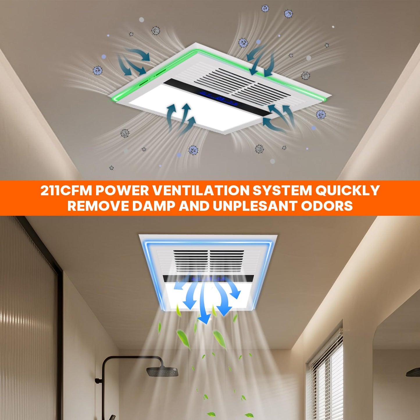 Fantspati 4 in 1 Bathroom Exhaust Fan with Heater and Light, 2800W Heater, 211CFM, 5-Color Mood Lighting, Low Noise, with Wall Control for Bathroom and Toilet