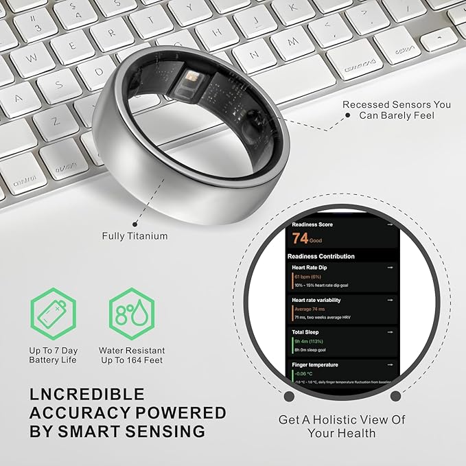 Smart Ring, Activity Trackers, Sleep Ring, Fitness Tracking, Stress Tracker, Heart Rate, Meditation, Temperature, Respiratory, No App Subscription, Women, Men, iOS, Android (Silver, 10)