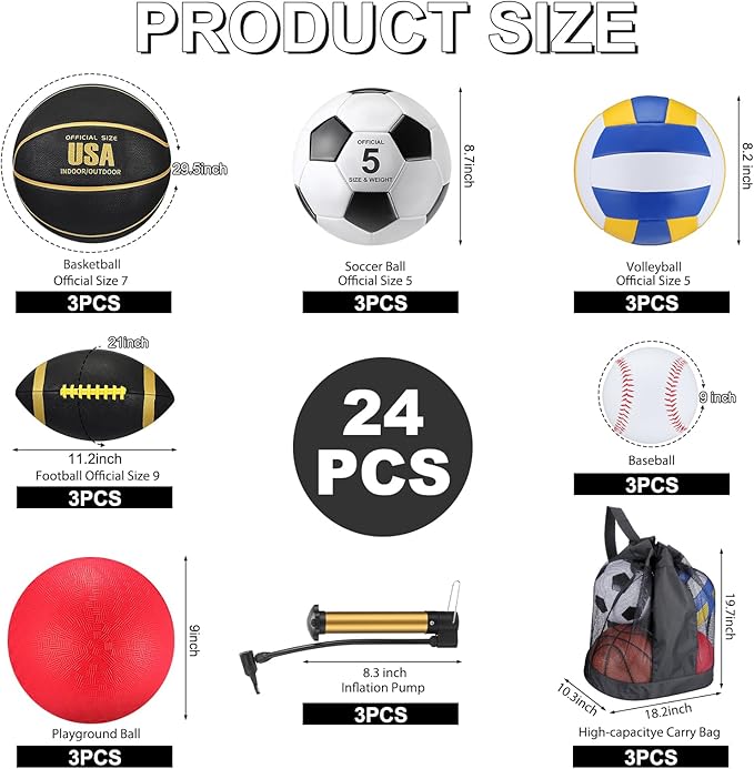 Leyndo 18 Pcs Sport Balls Bulk Set Basketball Football Volleyball Soccer Playground Baseball with Sport Equipment Bag Pump for Outdoor Indoor Practice Gift