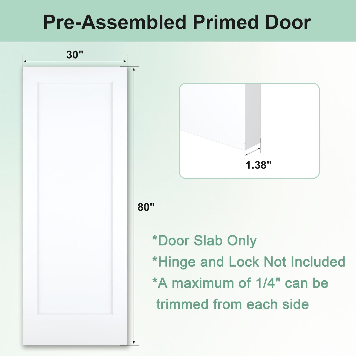 JUBEST 30"x80" 1-Panel Shaker Style White Primed Hollow Core Interior Molded Door Slab, NOT Pre-drilled and NOT Included Hardware, Pre-Assembled Interior Door for Pantry, Laundry, Closet