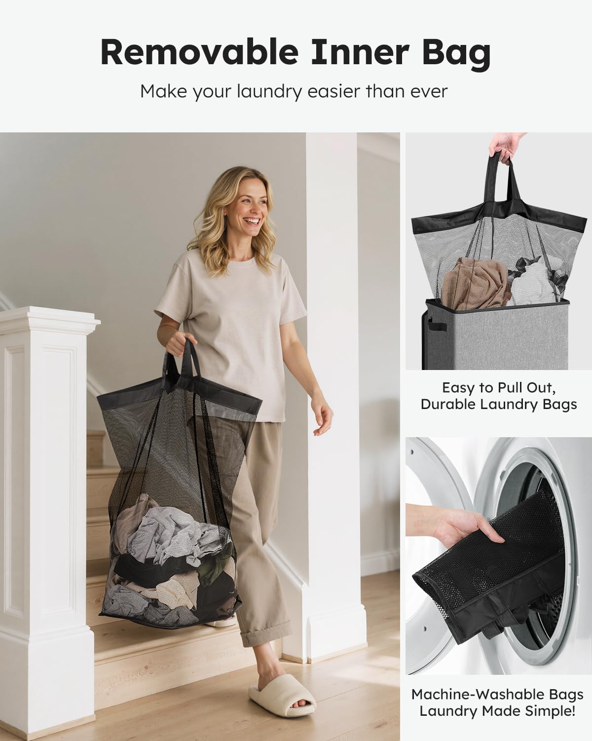 SOLEDI Laundry Hamper - 90L Large Collapsible Basket with Lid & Removable Bag - Grey