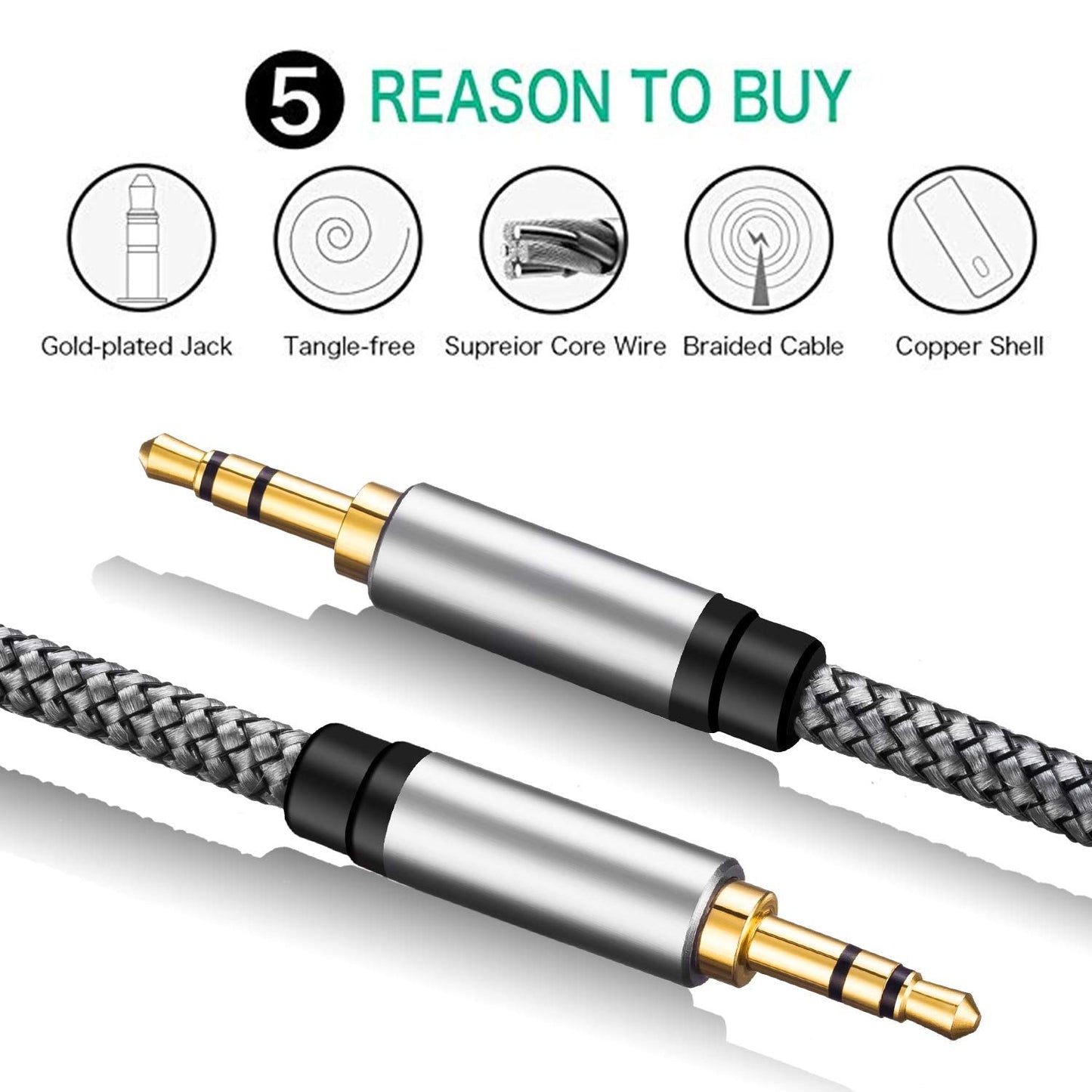 3.5mm 1Ft, More(1Ft/0.3M,Silver) Tan QY Nylon Braided Aux Cable Audio Auxiliary Input Adapter Male to Male Cord