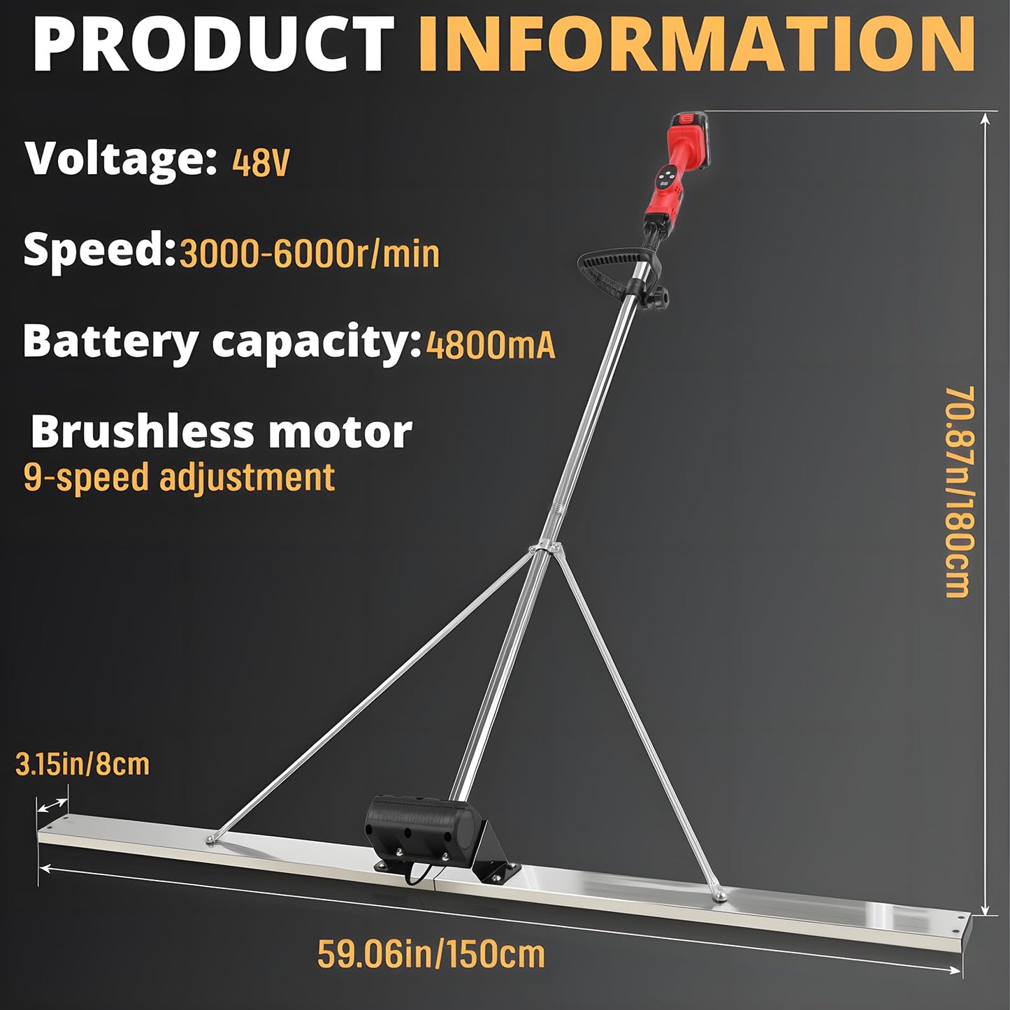 High Power Concrete Screed Vibratory Kit - Concrete Finishing Tool with 59" Stainless Steel Board, Cordless Electric Screed Cement Finishing Vibrating Machine with 4800mAh Battery, 9 Gears Adjustable