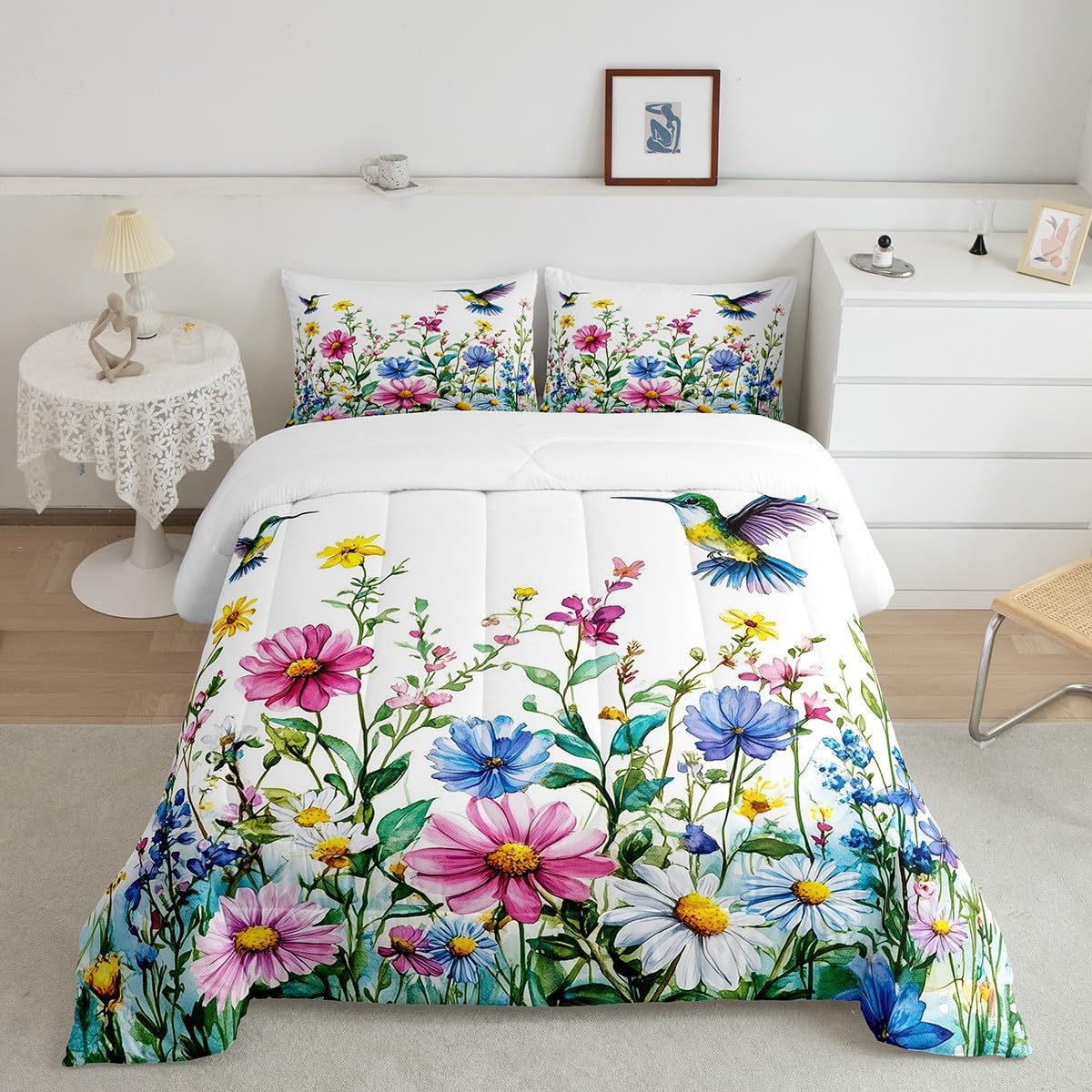 Feelyou Flower Bedding Set Twin Size Hummingbird Comforter Set for Kids Boys Girls Tropical Birds Comforter Hummingbird Flowers Duvet Set White