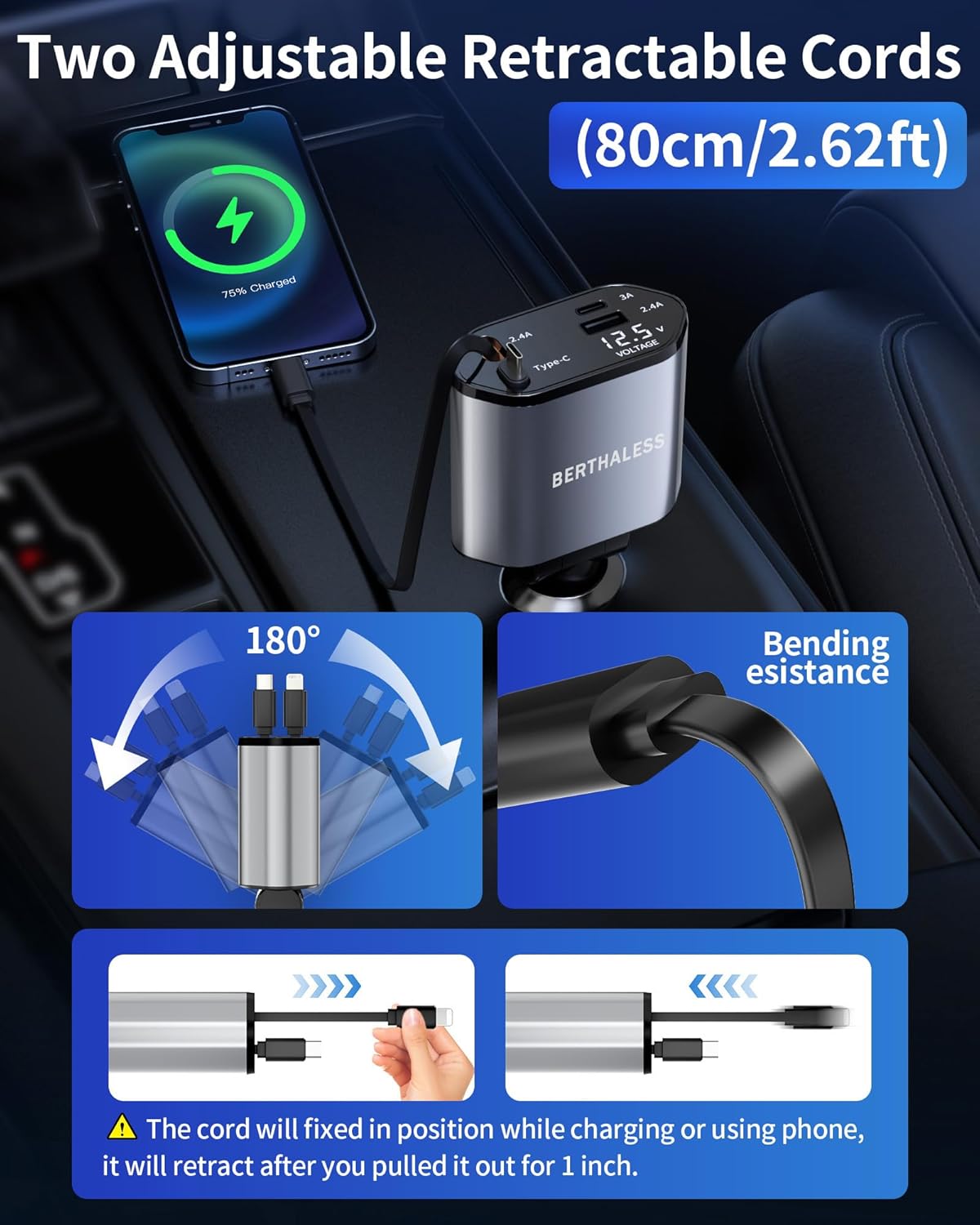 BERTHALESS 4 1 17/16/15/14/13/12/11,Galaxy,Pixel, Retractable Car Charger, in Fast Charging Car Charger with USB-C