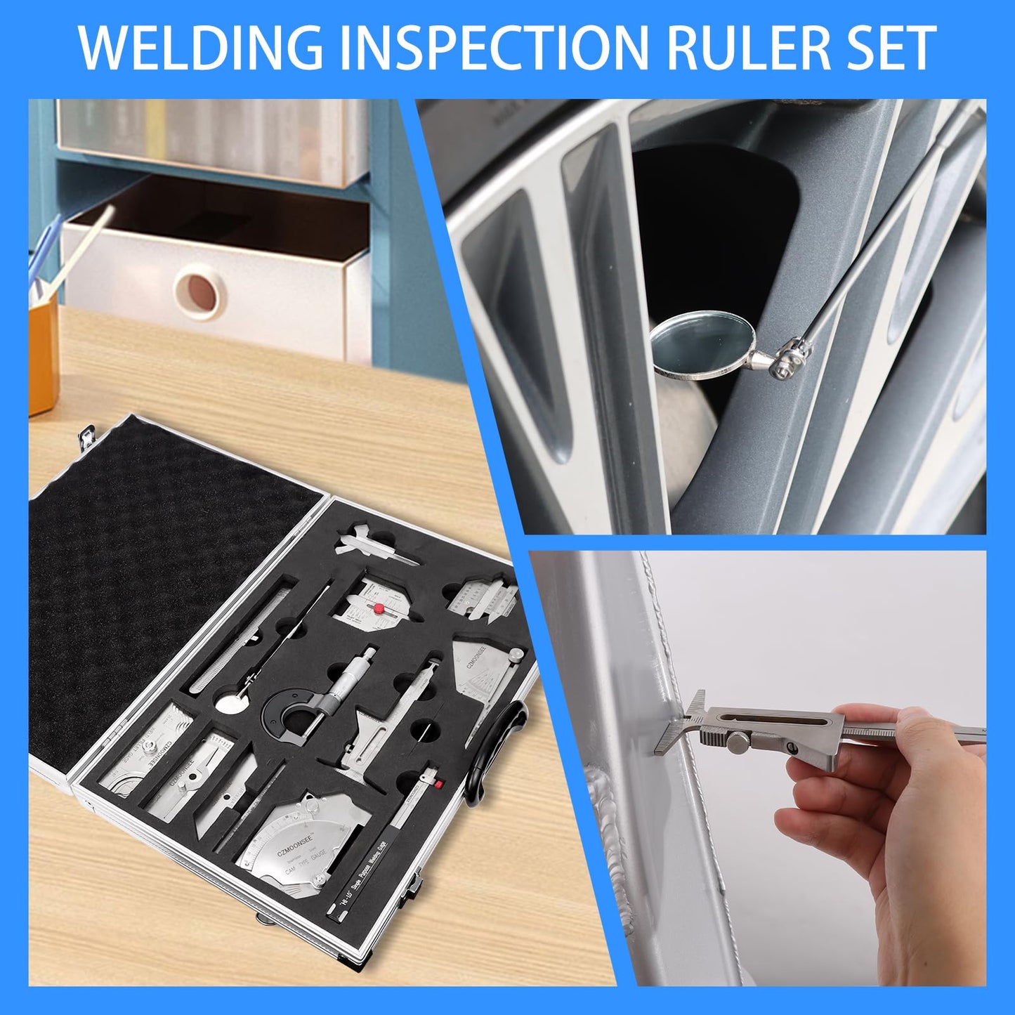 CZMOONSEE 13 Piece Combination Welding Measurement Toolbox Set Stainless Steel Weld Inspection Tool, Welding Weld Inspection Ruler, Corner Weld Gauge