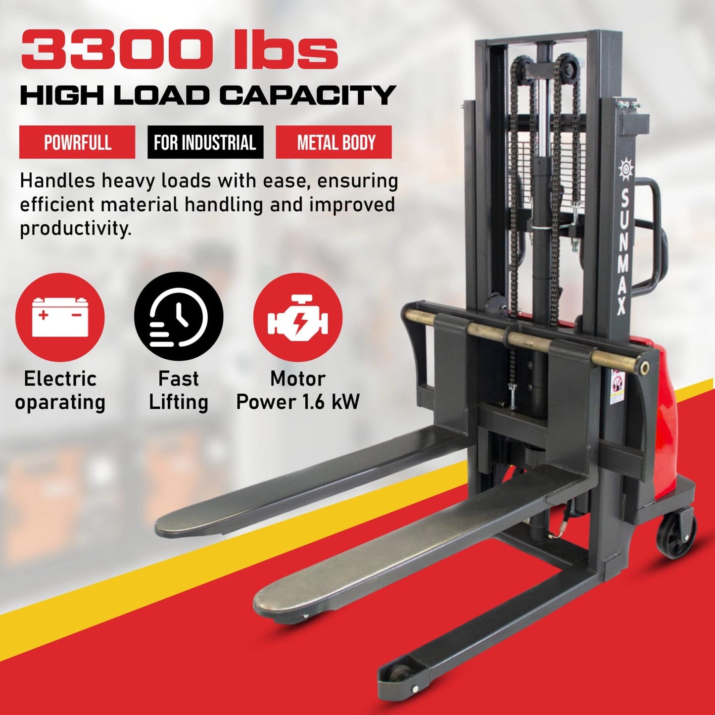 SUNMAX Semi-Electric Pallet Stacker with Fixed Straddle Legs, 3300 lbs Capacity, 78" Lifting Height
