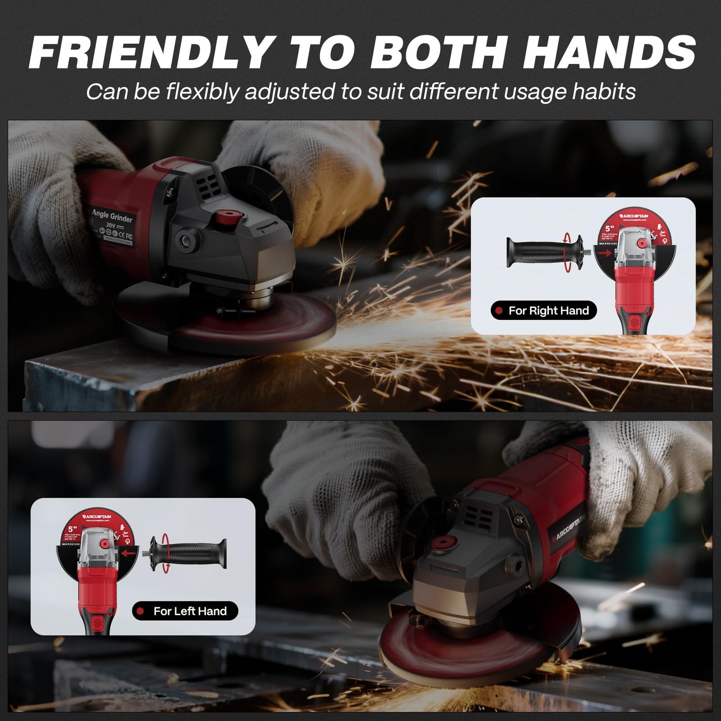ARCCAPTAIN Angle Grinder Kit, 4-1/2 to 5",【Paddle Switch】9500RPM 1200W Brushless Power Motor Cordless Angle Grinder with 2PCS 4.0AH Batteries, 180°Rotatable Grinder Tool for Cutting/Grinding/Polishing