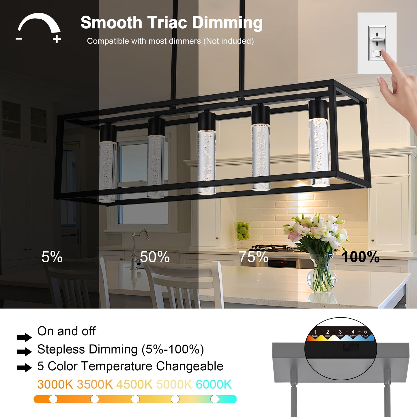VINLUZ LED Farmhouse Kitchen Island Lighting,5 Light Industrial Linear Chandelier for Dining Room Metal Black Finish Hanging Pendant Light Fixture for Bedroom Living Room Hallway