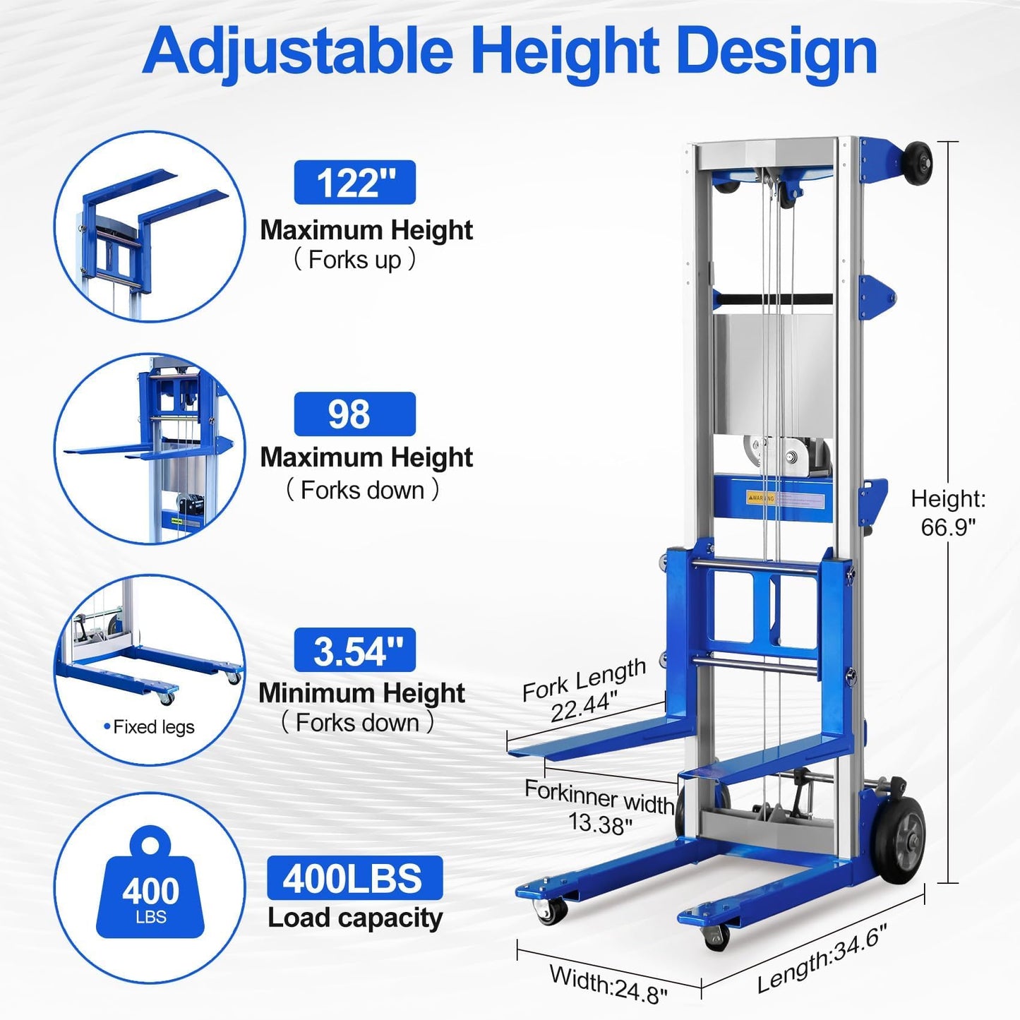 ELOMBR 122" Material Lift Winch Stacker, 400 lbs Capacity Manual Material Lifts, Fixed Straddle Material Lifter, Hand Winch Lift Trucks for Warehouse, Factory, Lightweight, 34.60" L x 24.80" W, Blue