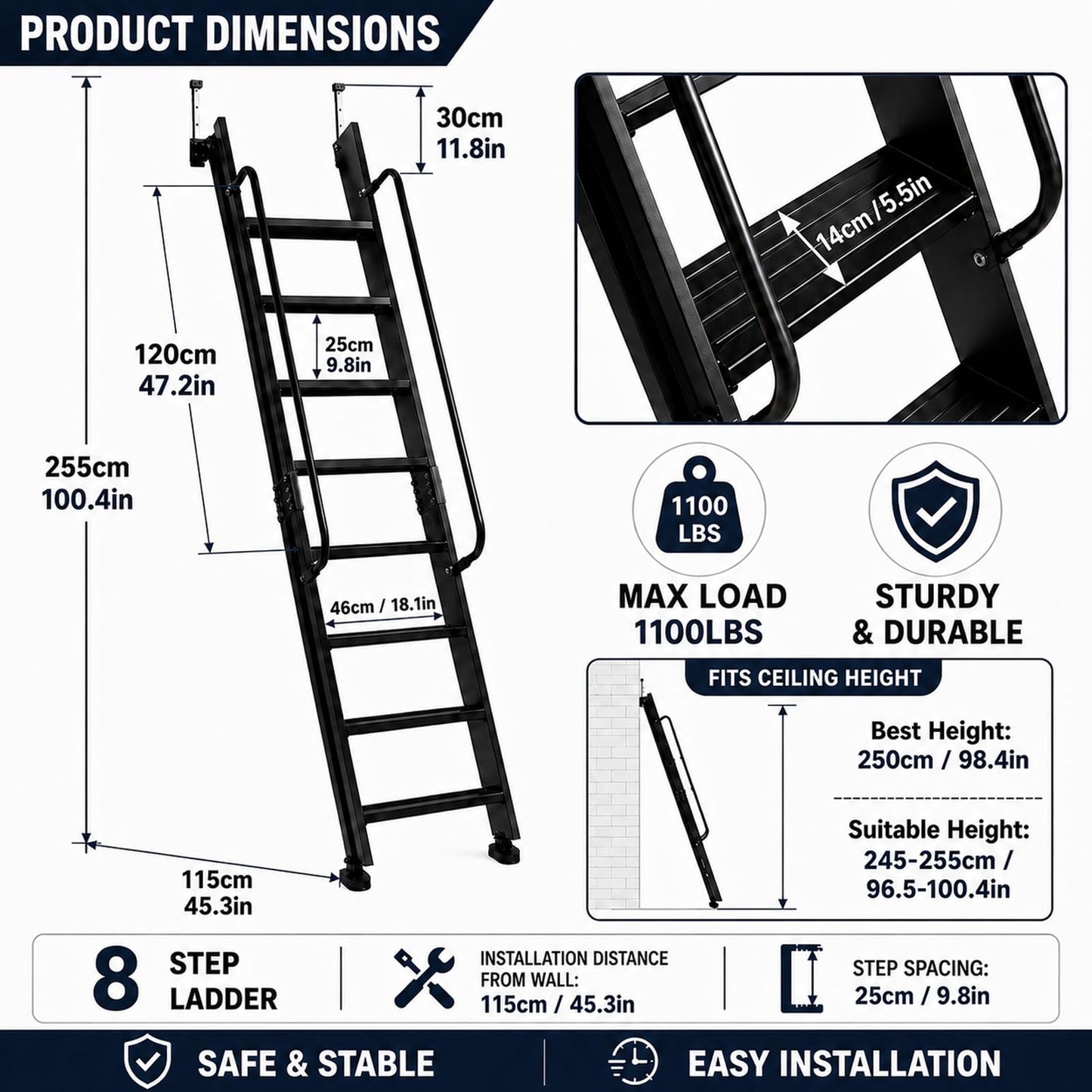8.2FT Industrial Style Loft Ladder, with Double Handrails, 8 Steps Library Ladder, 1100LBS Capacity, Carbon Steel Attic Loft Stairs, Wall Mounted Loft Ladder for Home Library Warehouse