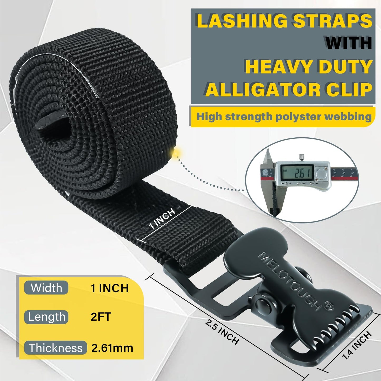 MELOTOUGH 4Pk 1" x 2ft Lashing Strap with Alligator Thumb Buckle Cargo Secure Webbing Up to 450lbs,Ladder Straps,Tie Down Straps,Utility Straps with Clips,Black