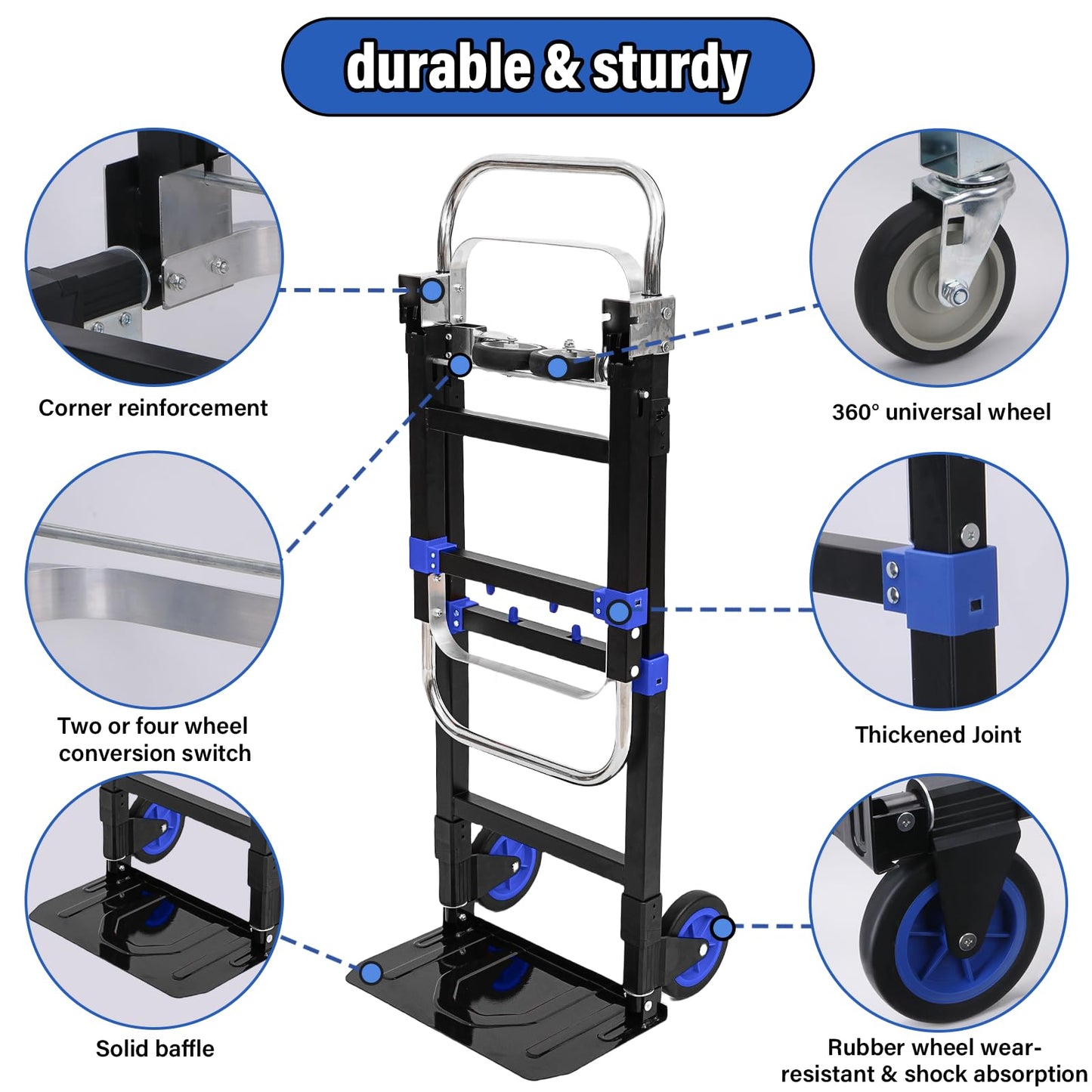 Upgraded 3 in 1 Folding Hand Truck, 600lbs Capacity, Heavy Duty Convertible Dolly with Retractable Handle and 4 Rubber Wheels, Collapsible Cart for Moving Home, Office, Warehouse (Blue)
