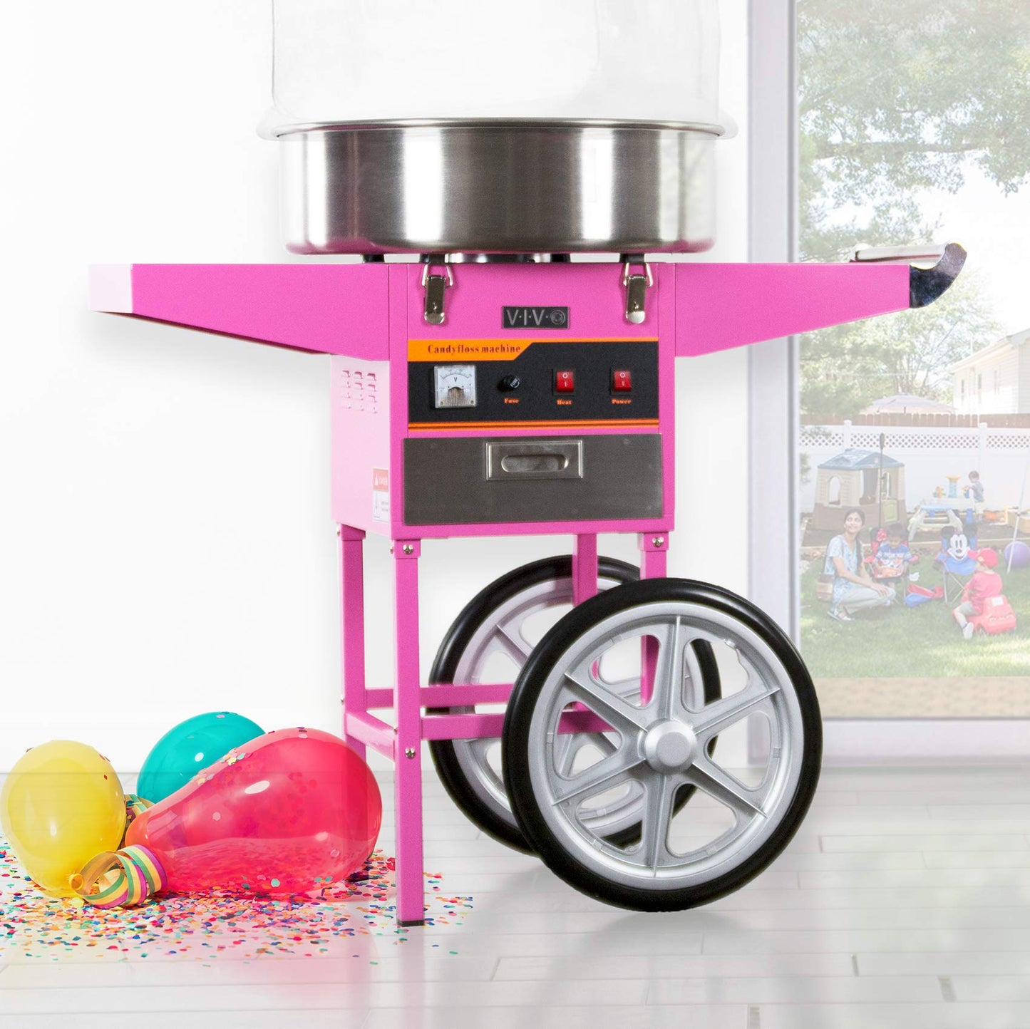VIVO Pink 1030W Electric Cotton Candy Machine Cart, Mobile Rolling Candy Floss Maker, 20 inch Stainless Steel Bowl, Bubble Shield Cover Sugar Scoop and Drawer, Easy Home or Commercial Use, CANDY-KIT-2