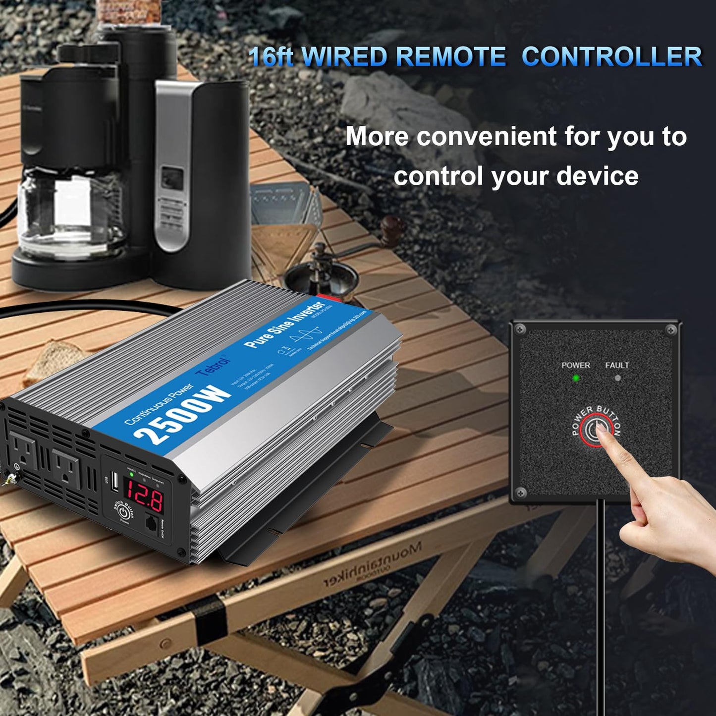 Tebrol 2500W Pure Sine Wave Inverter 12V DC to 120V AC Converter for Home, RV, Truck, Off-Grid Solar Power Inverter with Built-in 5V/2.1A USB, AC Hardwire Port, Remote Controller