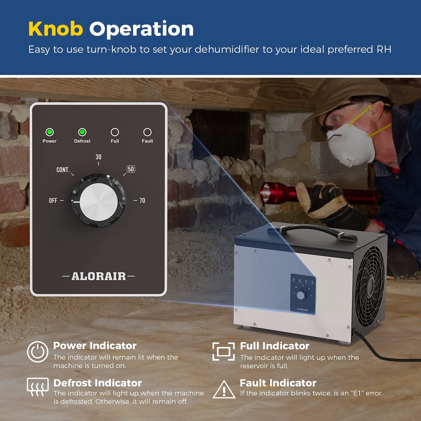 ALORAIR 70 PPD Crawl Space Dehumidifier, Crawlspace Dehumidifiers Commercial Dehu for Home and Basements, Compact, Portable, Auto Defrost, Memory Starting, cETL